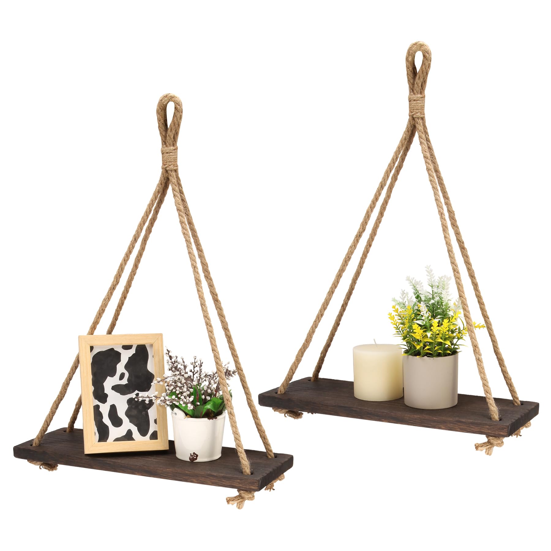 Athaliah Hanging Shelves, 2 Pack Wood Hanging Shelf for Wall, Boho Wood Floating Shelves with Macrame Rope, Handmade Rustic Hanger Plant Shelf for Living Room, Bedroom and Kitchen Decor (Black)