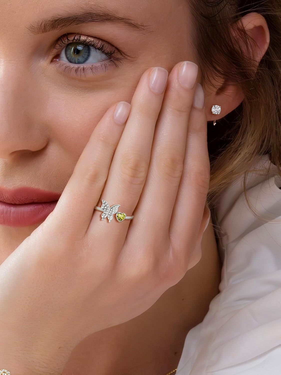 SILVERCUTE Butterfly Rings for Women - 925 Sterling Silver Birthstone Ring Women Jan-Dec Adjustable Ring with Cubic Zirconia Cute Butterfly Jewelry