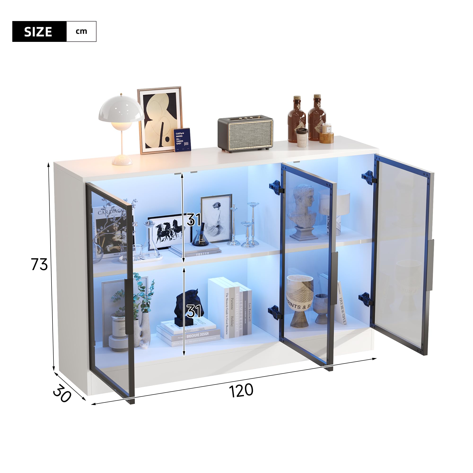 Witryna szklana, wymiary 120 x 30 x 73 cm – biała, z szarymi frontami szklanymi i wbudowaną taśmą świetlną LED, wszechstronne zastosowanie jako highboard, szafka prezentacyjna lub szafka