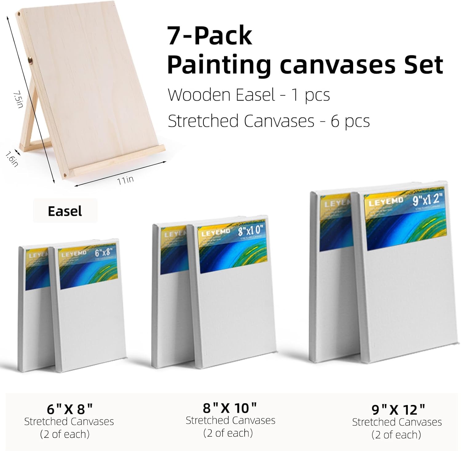 Canvas & Easel Set for Painting, 6 Pack Paint Canvases and 1 Tabeltop Easel, Idea Art Supplies kit for Oil & Acrylic