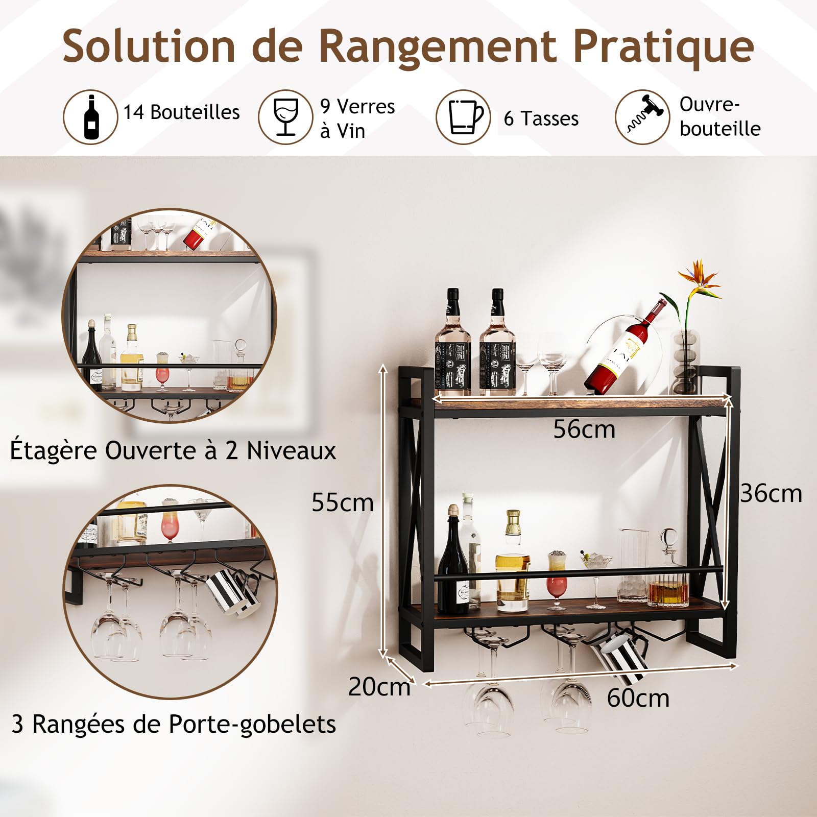 GOPLUS Étagère à Vin Murale, 2 Niveaux pour 14 Bouteilles, 9 Porte-Verres à Vin ou 6 Tasses, Étagère de Rangement Suspendu pour Bar à Domicile, Salle à Manger, Cuisine, 60x20x55cm