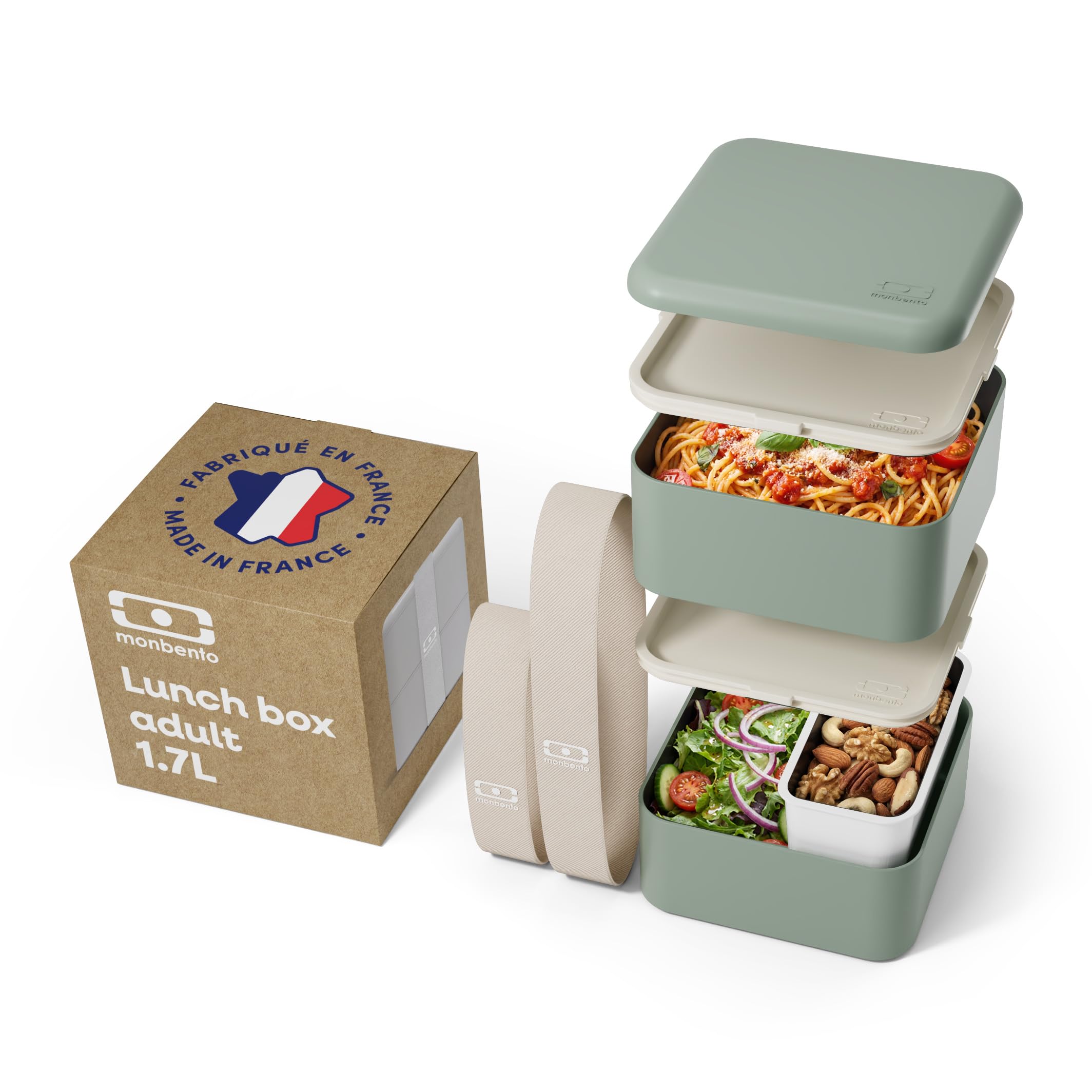 Monbento Green Natural - Large Bento Box Mb Square Natural With Compartments Made In France - Leakproof Lunch Box For Work/School And Meal Prep - Bpa Free - Food Grade Safe - Green