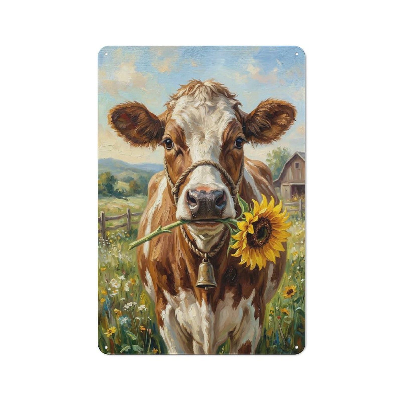 Junmoney Style-6 Cow Holding Sunflower In Field Warehouse Style Metal Wall Decor 30X20cm, Tin Wall Sign For Modern Home, Workshop, Office Or Cafe