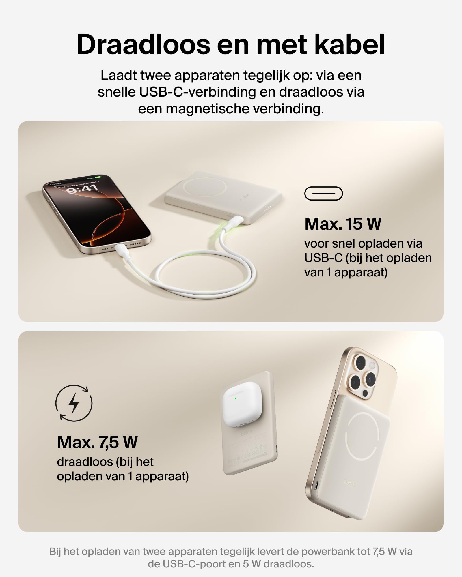 Belkin BoostCharge Magnetische Powerbank 5000mAh – 7,5W Draadloos – USB-C Kabel – Qi2 – Voor IPhone, Galaxy, Pixel – Ultra Dun – Zwart