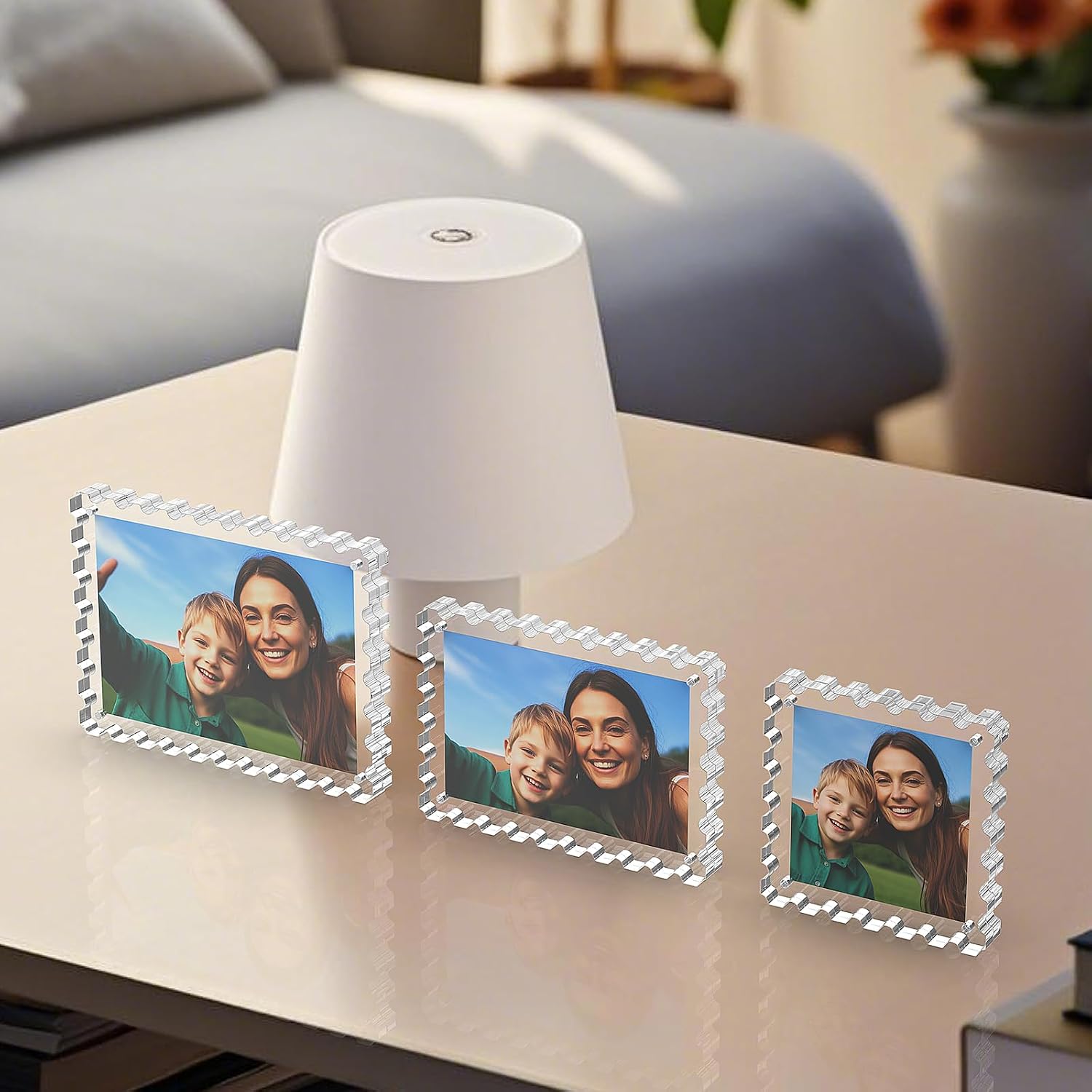 LUGUNU 3 Pack Magnetic Scalloped Acrylic Picture Frames, 5x7 4x6 4x4 Inch Double Sided Photo Frame Set, 20mm Thick Clear Block Freestanding Display for Desk Shelf Home Office, UV Protection Gift