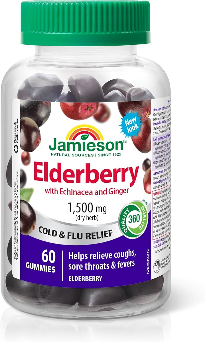 Jamieson Laboratories Jamieson Elderberry Cold & Flu Gummies, Elderberry Flavour, with Echinacea and Ginger, Family Friendly (6+). Relieves Cold and Flu Symptoms, Vegetarian, Non-GMO, Gluten-Free, No Artificial Colours, Flavours, or Preservatives, 60 Count
