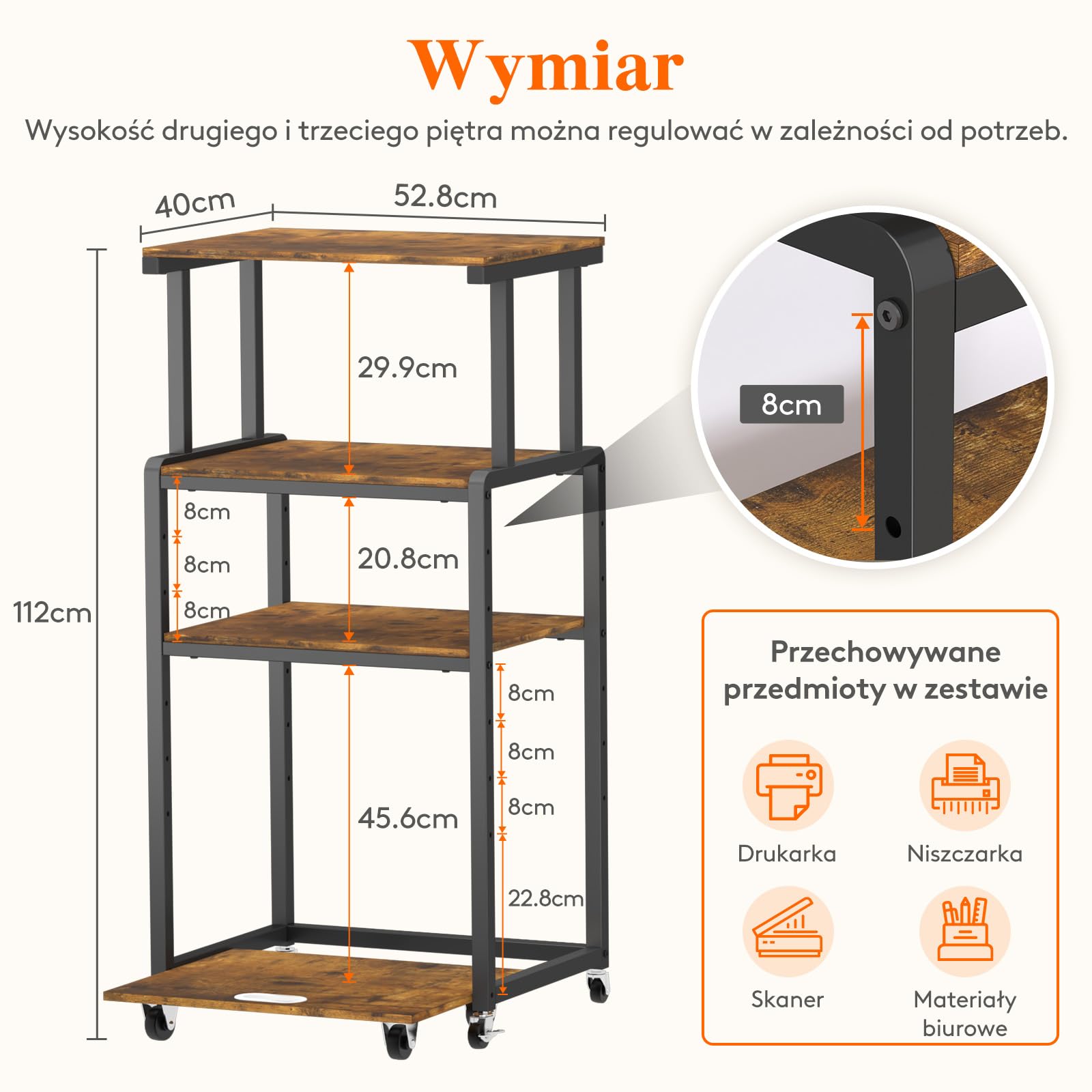 3-laags printerstandaard, printtafel met wieltjes, metalen printerwagen, printerrek voor kantoor, thuis, school en werkkamer, printerkast voor fax, kopieerapparaat, scanner (houtkleur