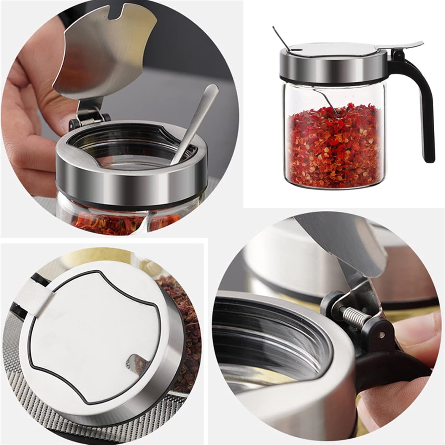 Spice boxs Glass Stainless Steel Spices Bottle Kitchen Sugar Salt Storage Jars New Condiment Container Seasoning Box with Spoon 1Pc(450ml)