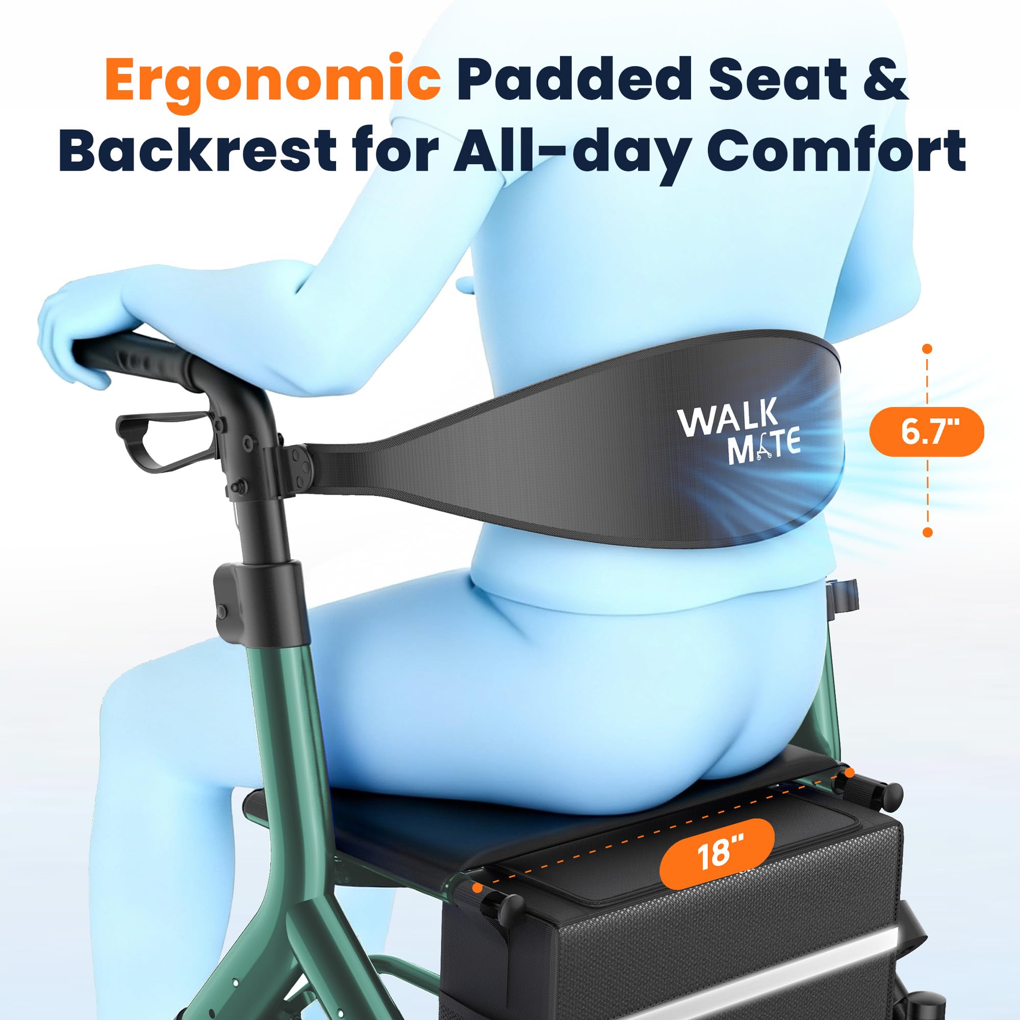 WALK MATE Andador con ruedas para personas mayores de 5.3 a 7 pies con asiento ajustable en altura, ruedas de 10 pulgadas, diseño plegable compacto, ligero, ayuda para caminar, respaldo ampliado,