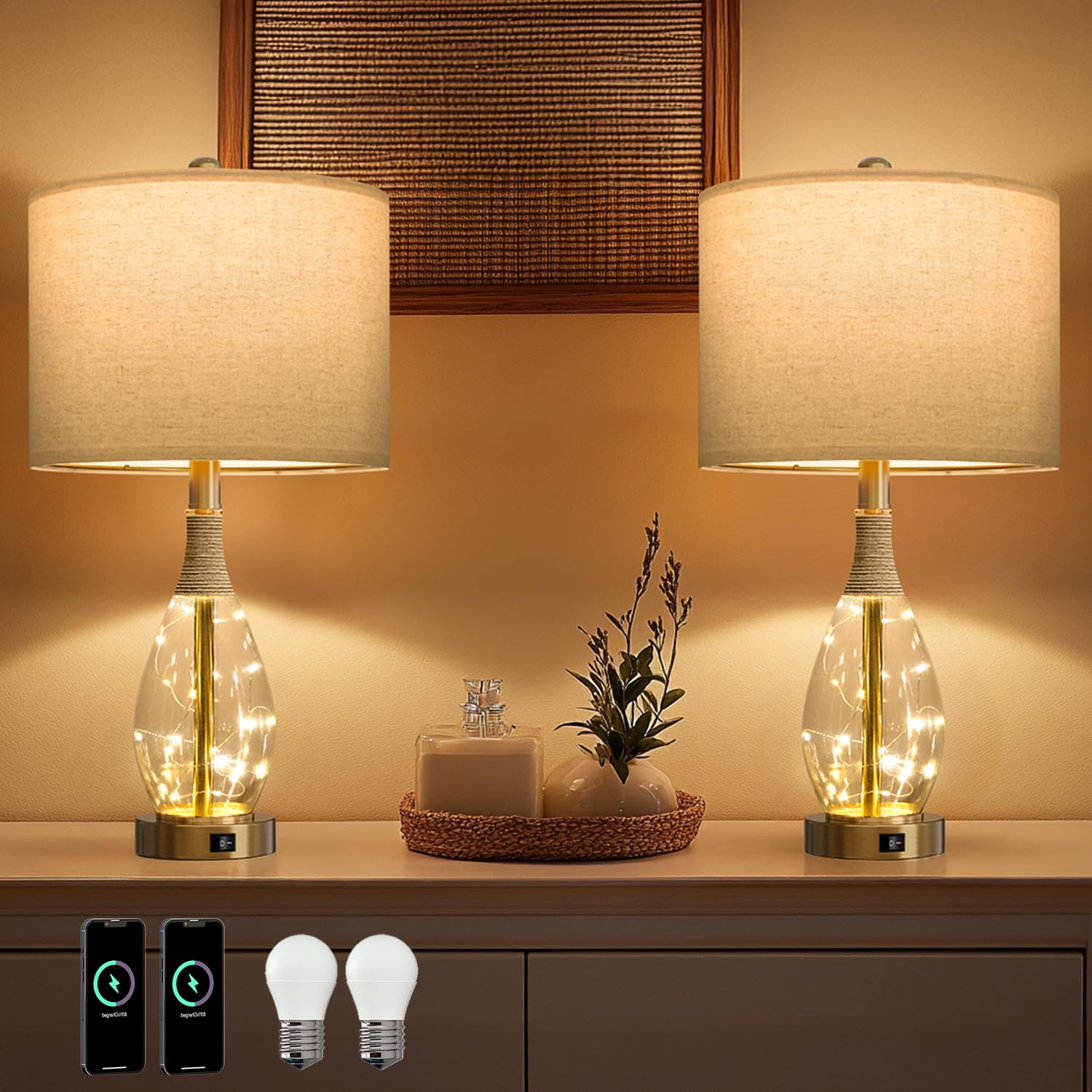 oyears 23" table lamps for living room set of 2 bedside lamps for night stands bedroom lamps farmhouse rattan boho lamp glass nightlight end table lamp with usb c+a (gold),two light points (similar in stock)