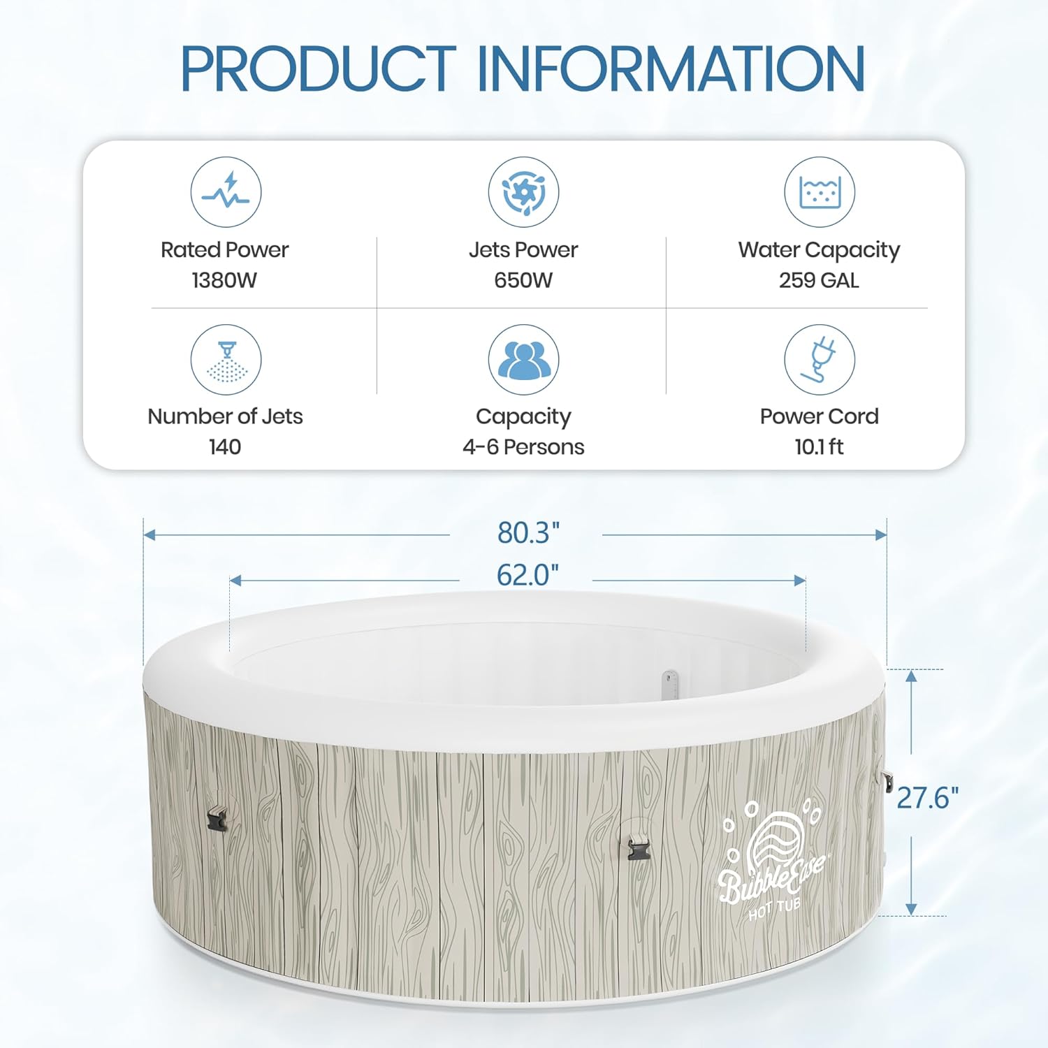 UHOMEPRO Inflatable Hot Tub Spa Set, Outdoor Bubble Massage Round Portable Hot Tubs, 4-6 Person Outdoor Hot Tub with External Heater Pump, 140 Soothing Jets, Insulated Cover and 4 Filter Cartridges