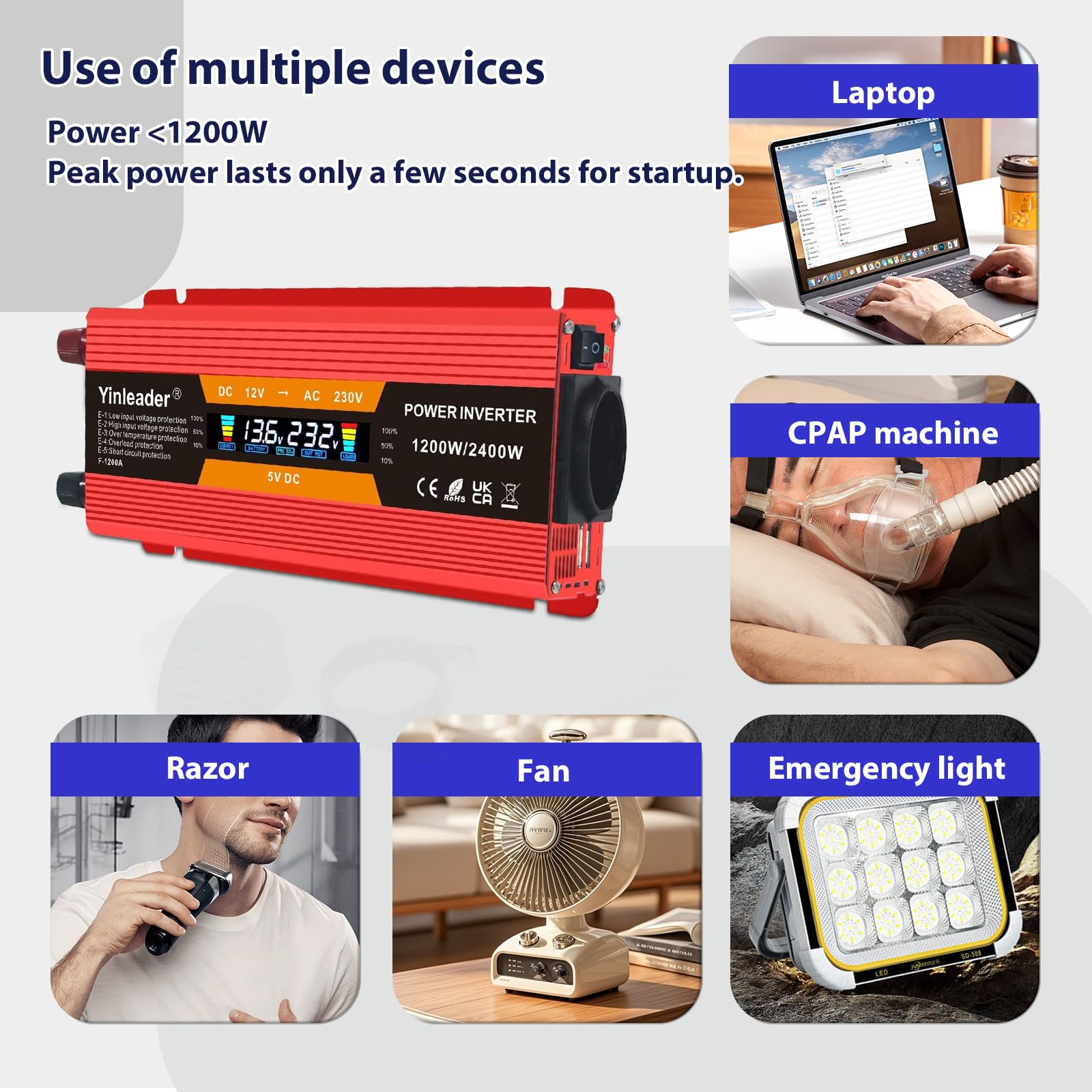 Yinleader Trasformatore di tensione 1200 W/2400 W 12 V 230 V inverter Dual USB Power Inverter con 1 presa e display LCD, per auto – rosso