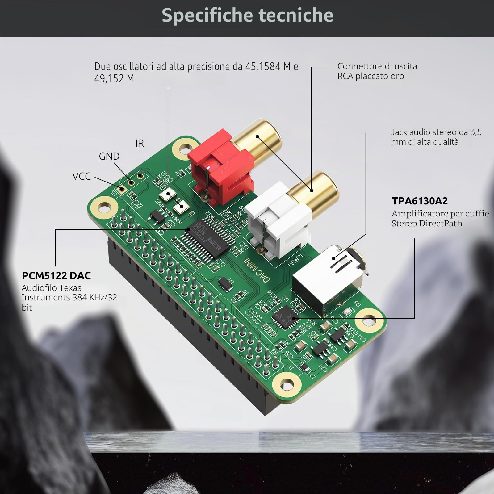 InnoMaker DAC Mini Hat Scheda Audio PCM5122 per Raspberry Pi 5/4/3B+/Zero 2W, Shield Audio HiFi 384kHz/32bit con Uscita RCA e 3.5mm