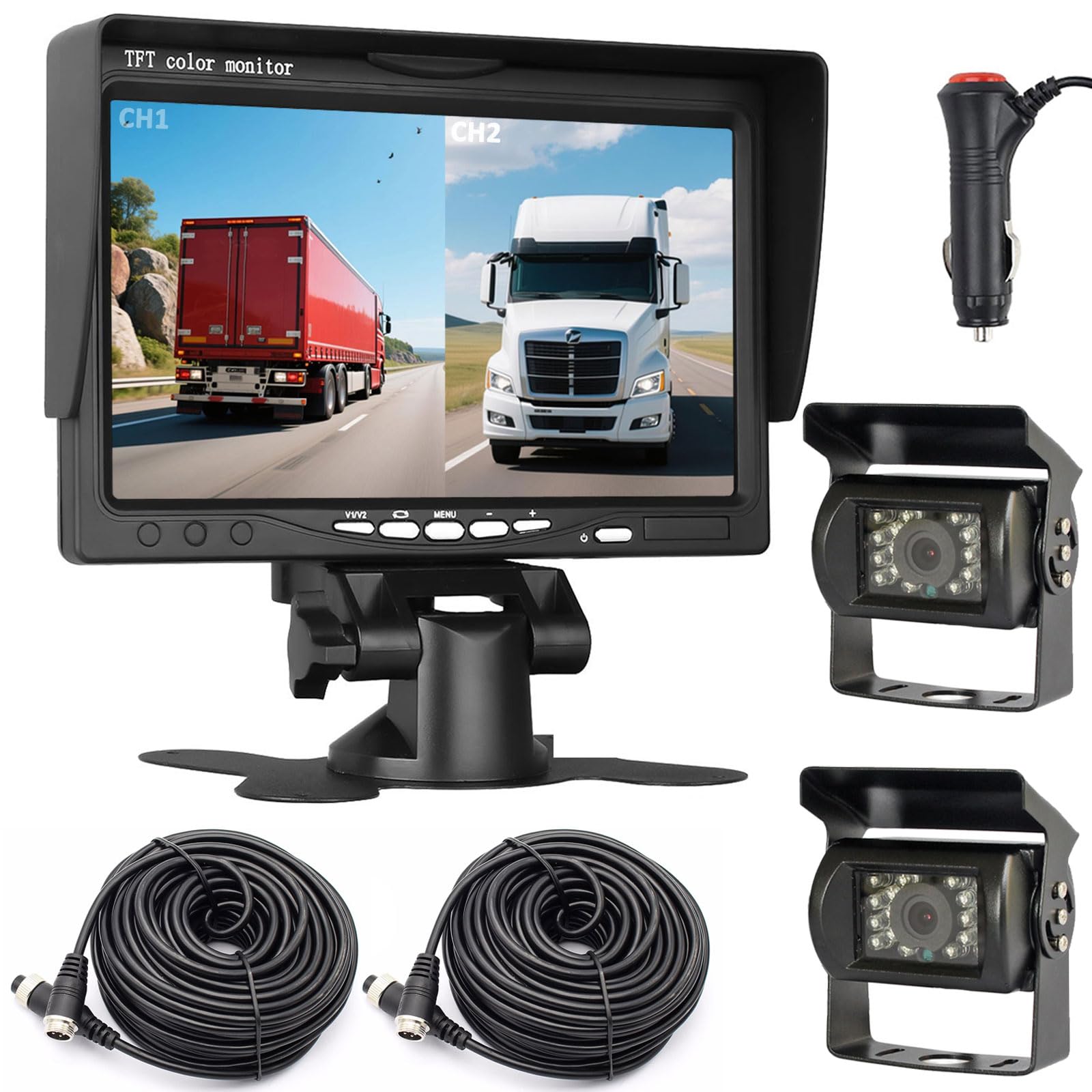 Monitor de 7 Pulgadas Pantalla bipartita, Sistema con Dos cámaras traseras | Con Soporte de Parasol, 2 x 18 LED IR Visión Nocturna, Impermeable, Para Caravana, Autobús, Remolque, Camión