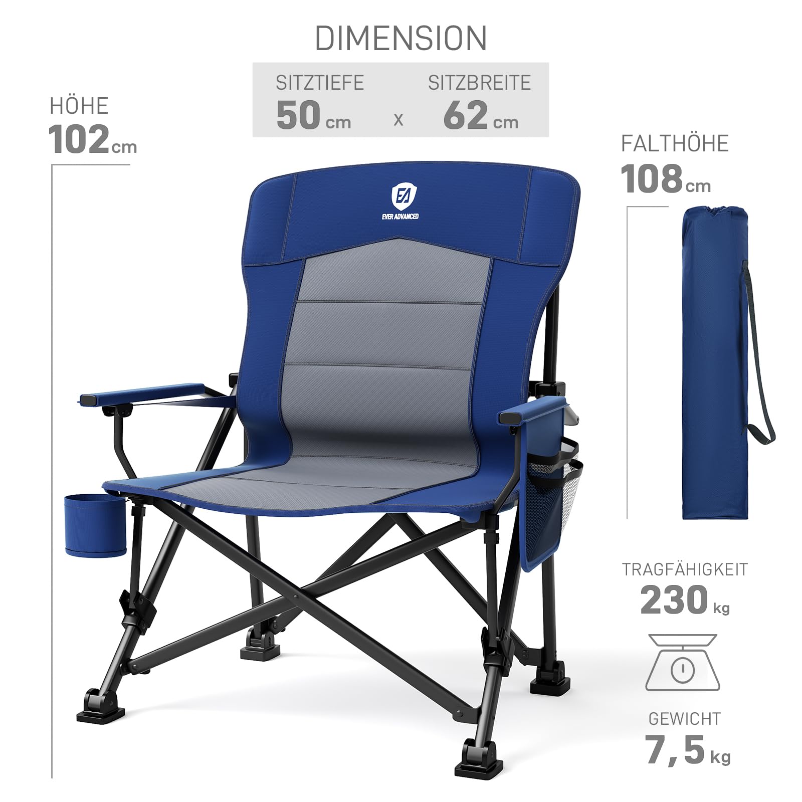 EVER ADVANCED Campingstuhl Faltbar 230KG Belastbar XL Lendenwirbelstütze