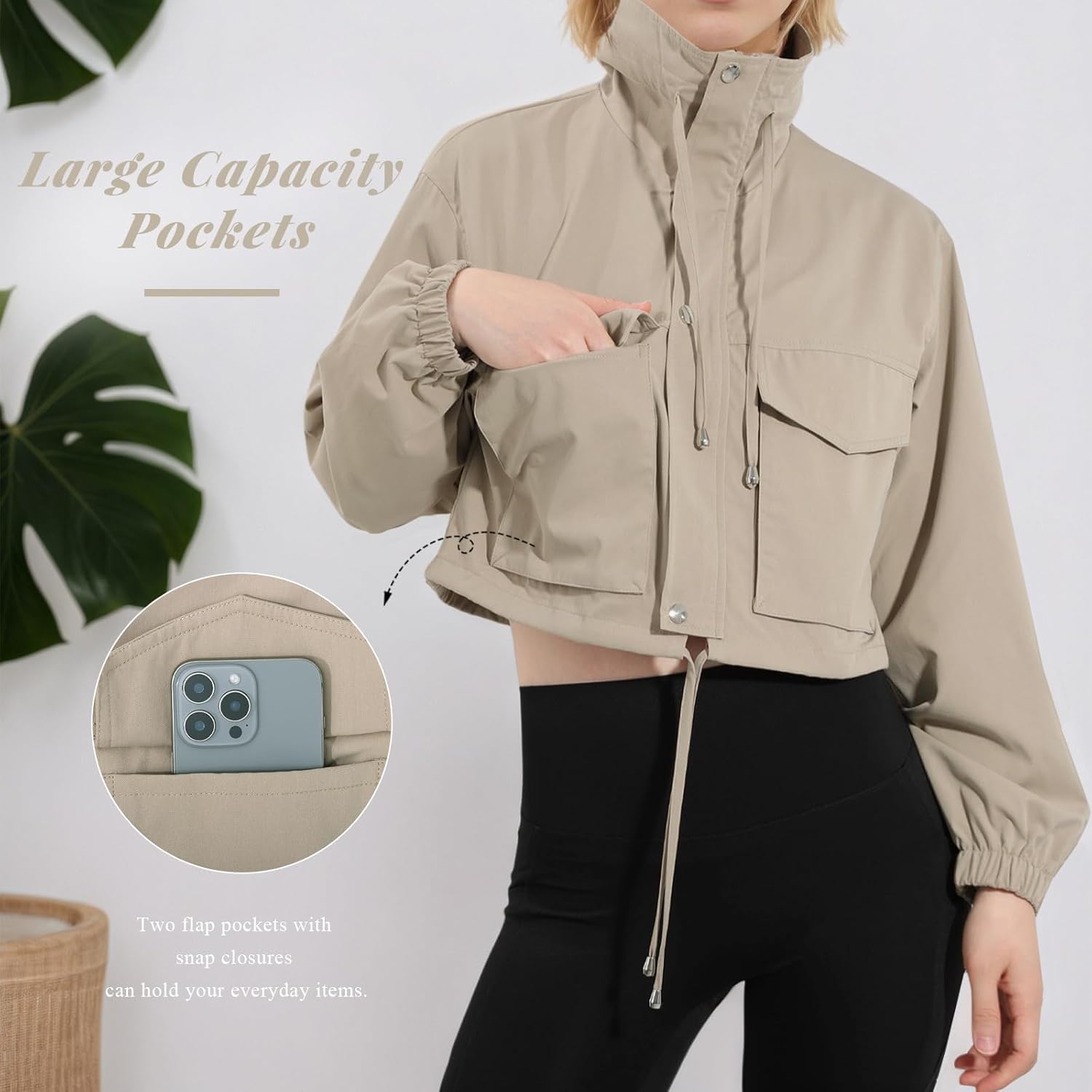 Fecialy Womens Cropped Jacket Lightweight Zip Up Short Jacket Oversized Utility Anorak Coat with Pockets - Image 4