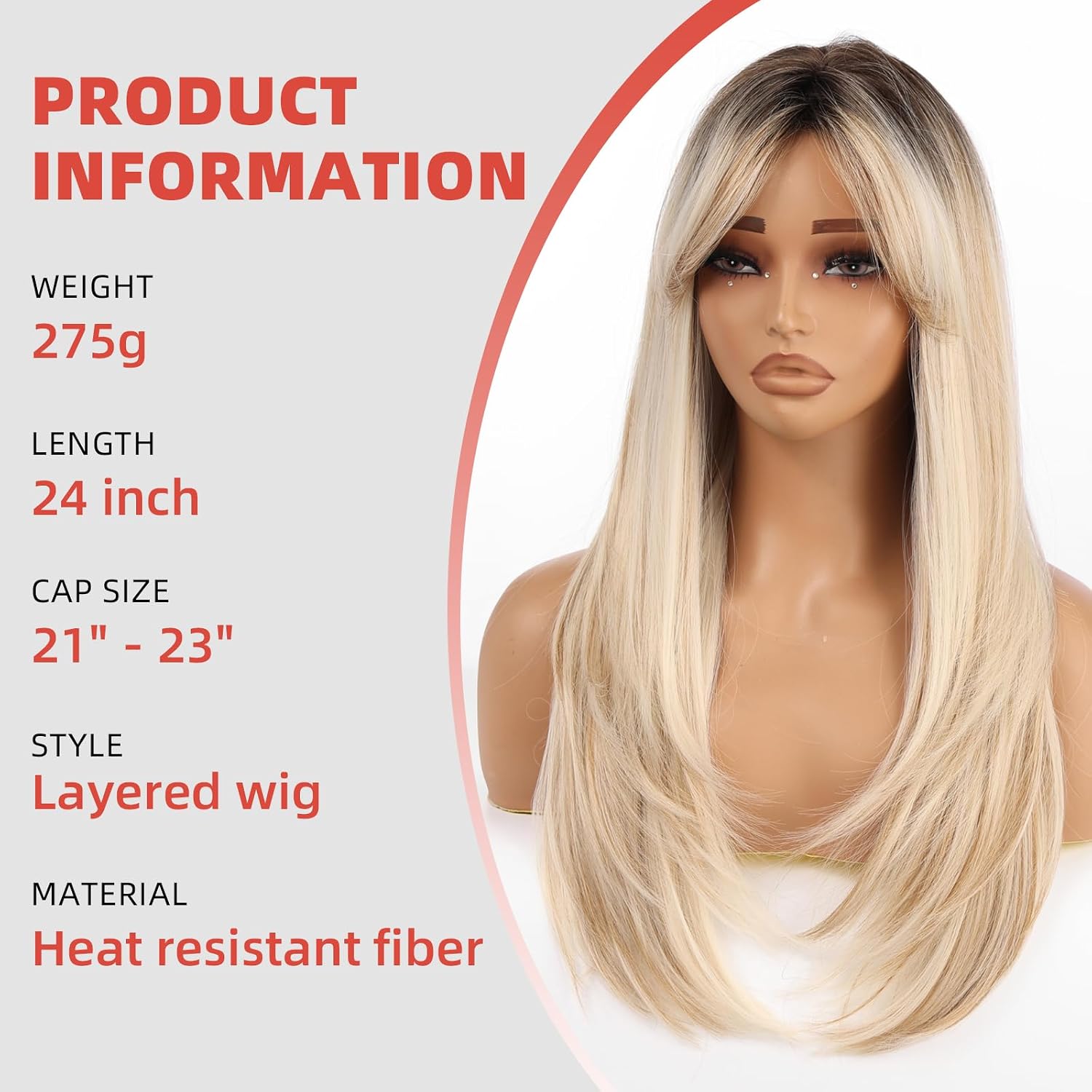 Allbell Ombre Blonde Wigs For Women Long Straight layered 24 inch Middle Part Wig Natural Looking Synthetic Heat Resistant Fiber for Daily Party Use