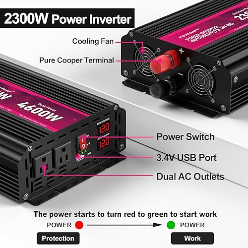Miniatura 36 de Inversor de corriente de onda sinusoidal pura, 3000 W, 12 V CC a 110 V/120 V CA, pico de 6000 W, control remoto, 4 salidas de CA, USB dual, pantalla