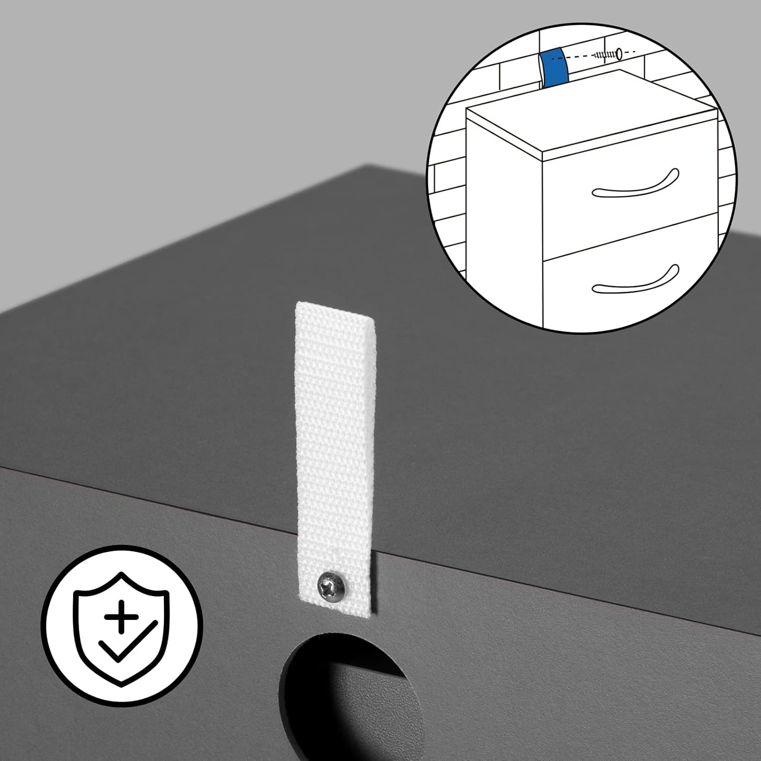 Diagram showing how to secure the bedside table to a wall using an anti-tip strap for safety.