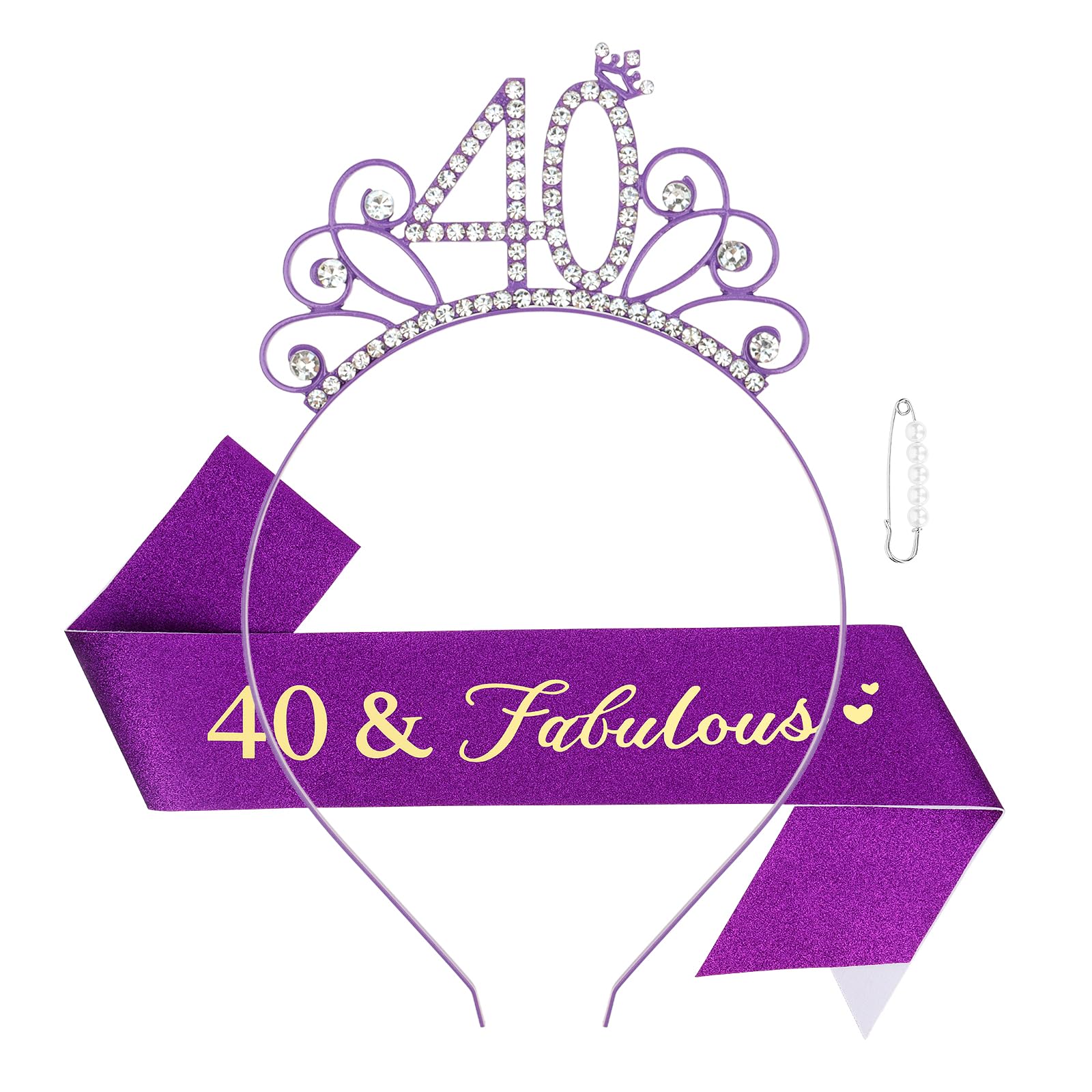 Casoty Purple 40th Birthday Sash and Tiara Crown, 40th Birthday Decorations for Women, 40 and Fabulous Sash and Headband Set, 40th Birthday Gifts for