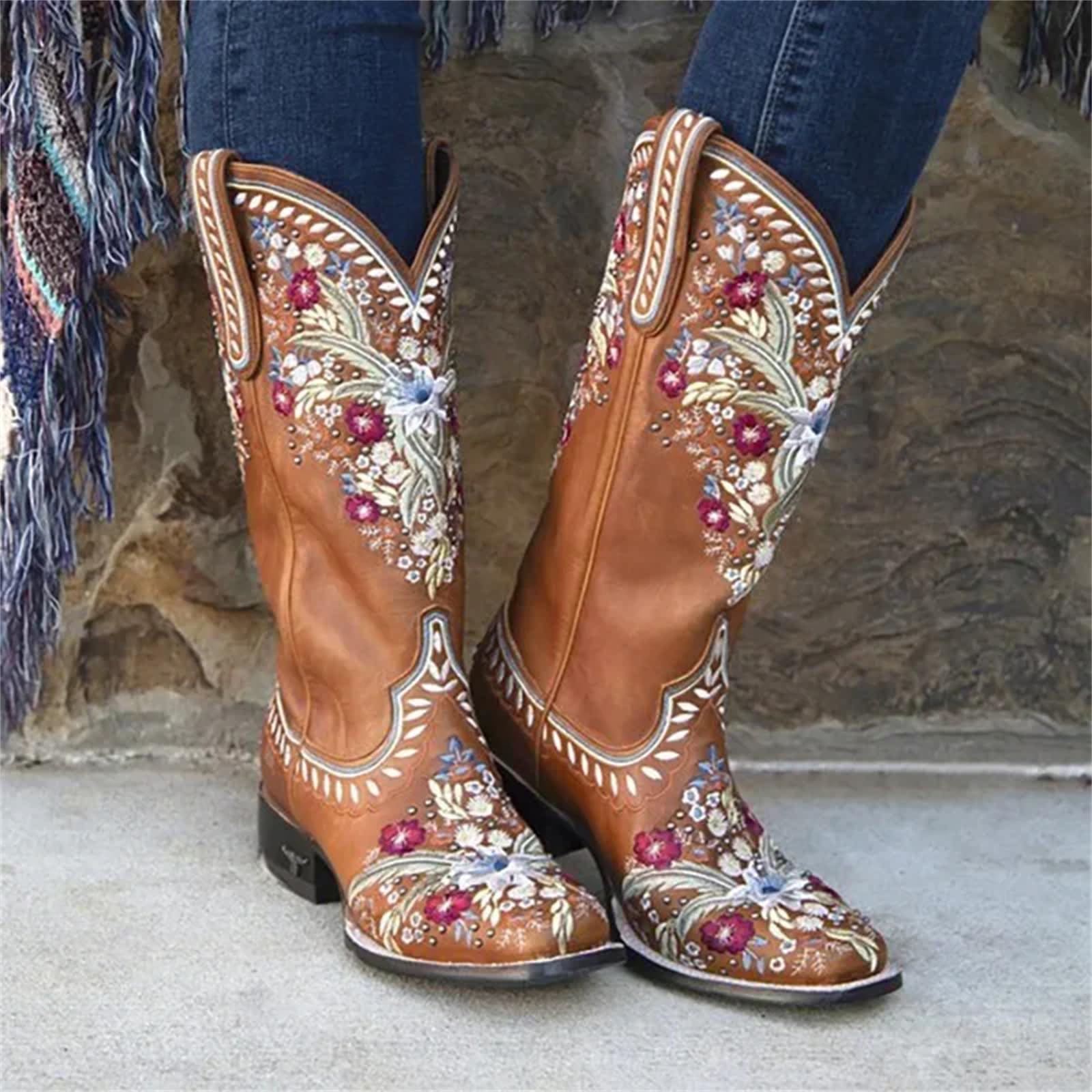 Lmtossey Stivali da donna leggeri al ginocchio con cuciture in pelle PU 3 CM tacchi quadrati retrò punk etnico scarpe