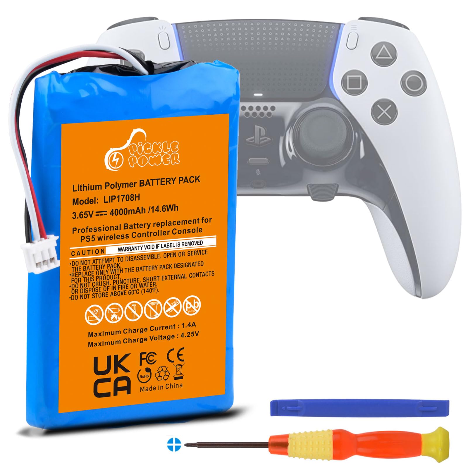 Pickle Power 4000mAh Batteria per Controller PS5, LIP1708 Batteria Ricambio per Sony Playstation 5 DualSense CFI-ZCT1W Wireless Controller