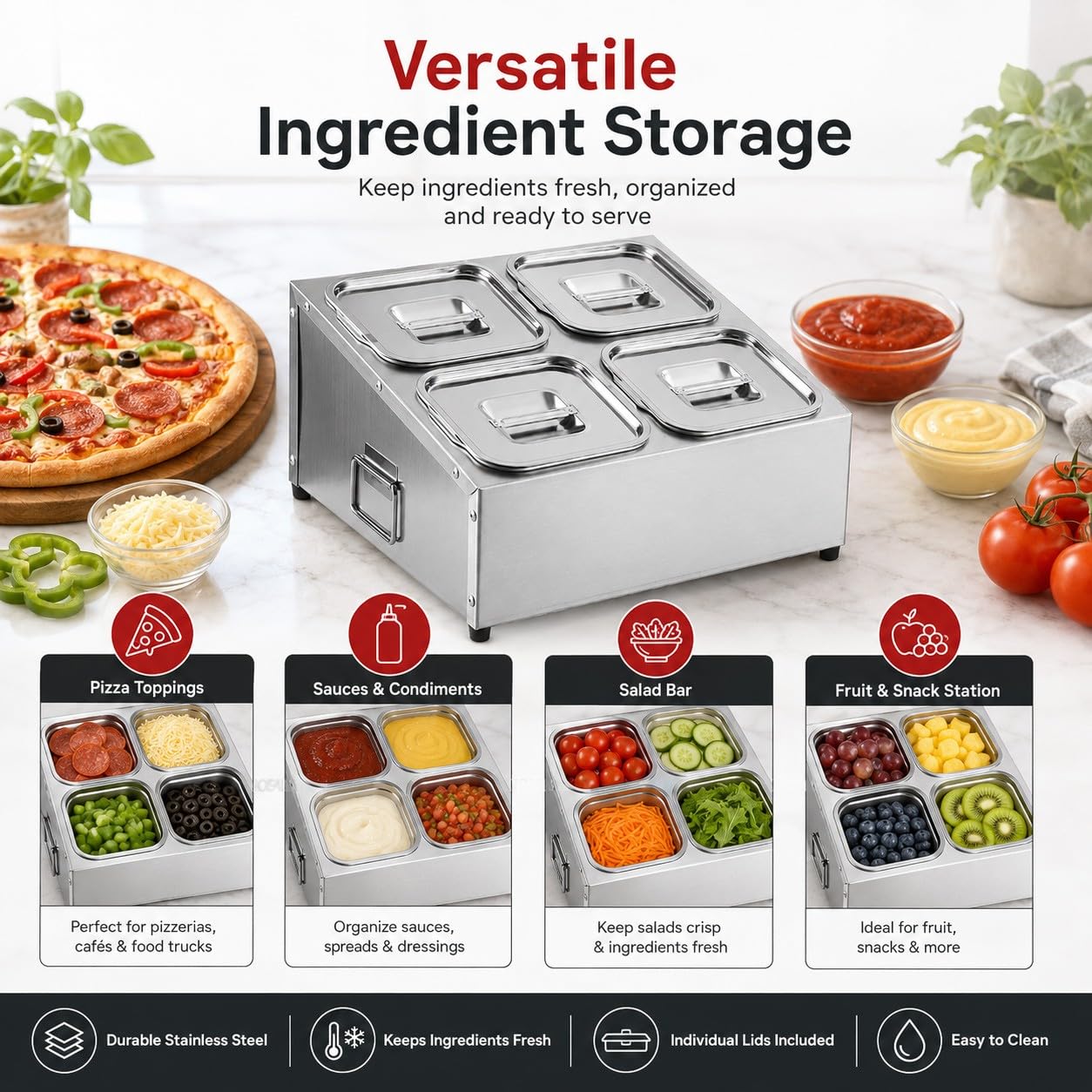 Porta Ingredienti Pizza in Acciaio Inox con Coperchio – Contenitore per Condimenti Refrigerato, Vaschette Gastronom Modulari 4 Scomparti, per Pizzeria e Preparazione Ingredienti