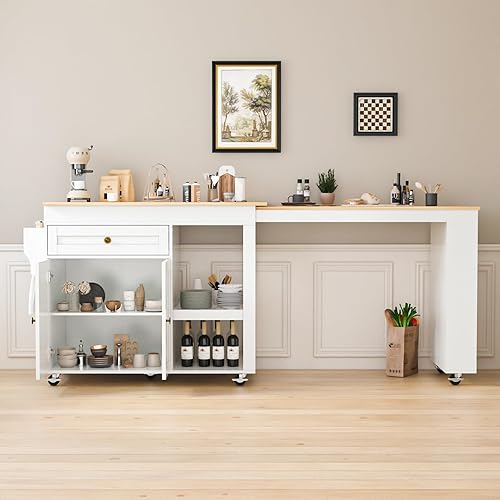 Miniatura 6 de Isla de cocina de 77.8 pulgadas con mesa extensible, isla de cocina rodante con armario de almacenamiento, cajones, estante para especias, toallero,