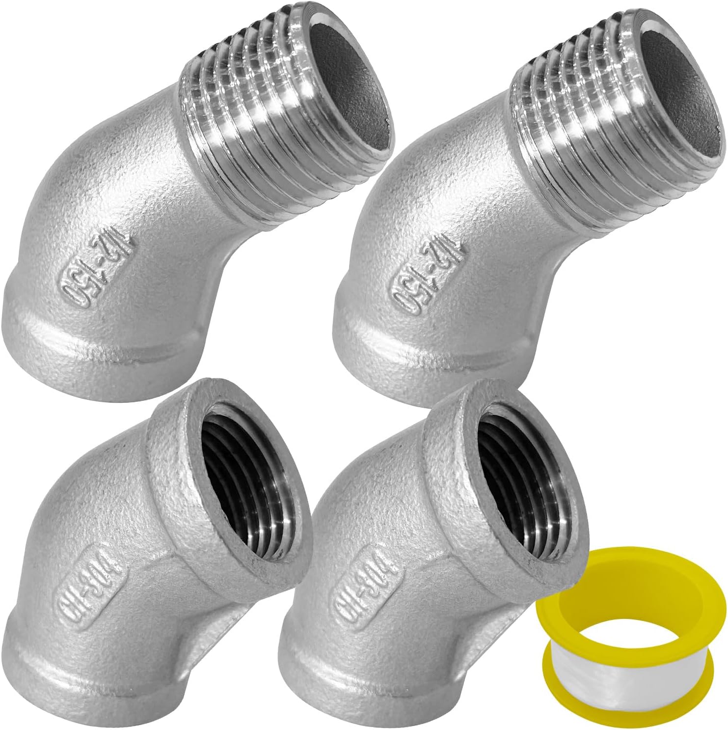 4PCS 45 Degree Elbow Pipe Fittings, 1/2 Inch NPT Female Pipe Fitting and Female to Male Thread Hose Connector Adapter, 304 Stainless Steel Casting Connector