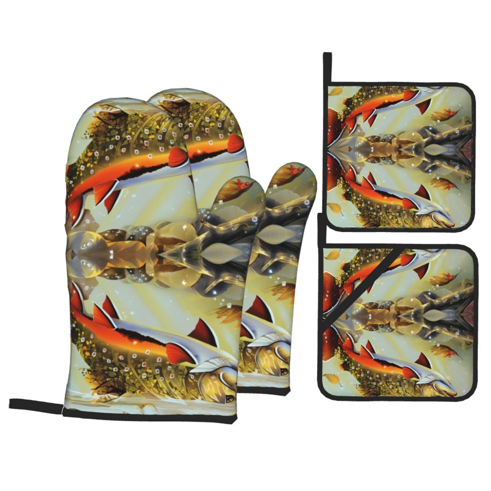 WHJSSF Brook Trout Fly Fishing Prints 4-Piece Waterproof Oven Throws & Heat Resistant Pot Covers – Durable Kitchen Layers for Grilling & Baking