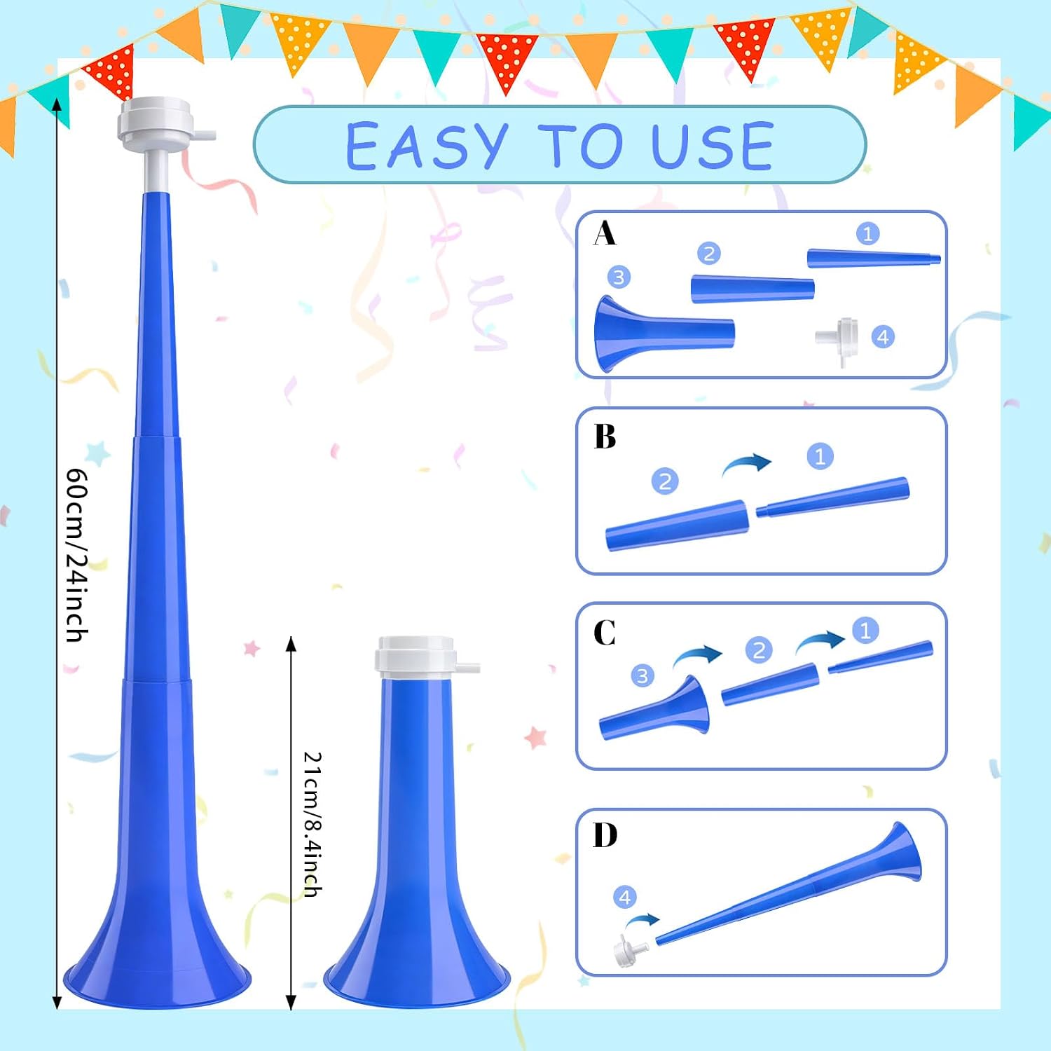 Blue 24 Inch Collapsible Vuvuzela Stadium Blow Horn, Noise Makers, 3 Pack image 4