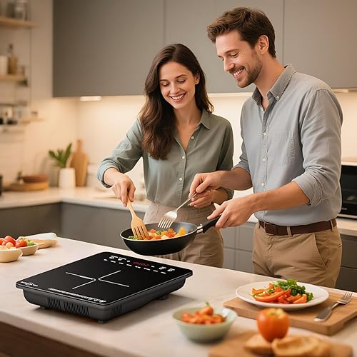 Miniatura 7 de Placa de cocción de inducción portátil de 1200 W - Estufa eléctrica de encimera de un solo quemador con detección automática de bandeja, 8 niveles