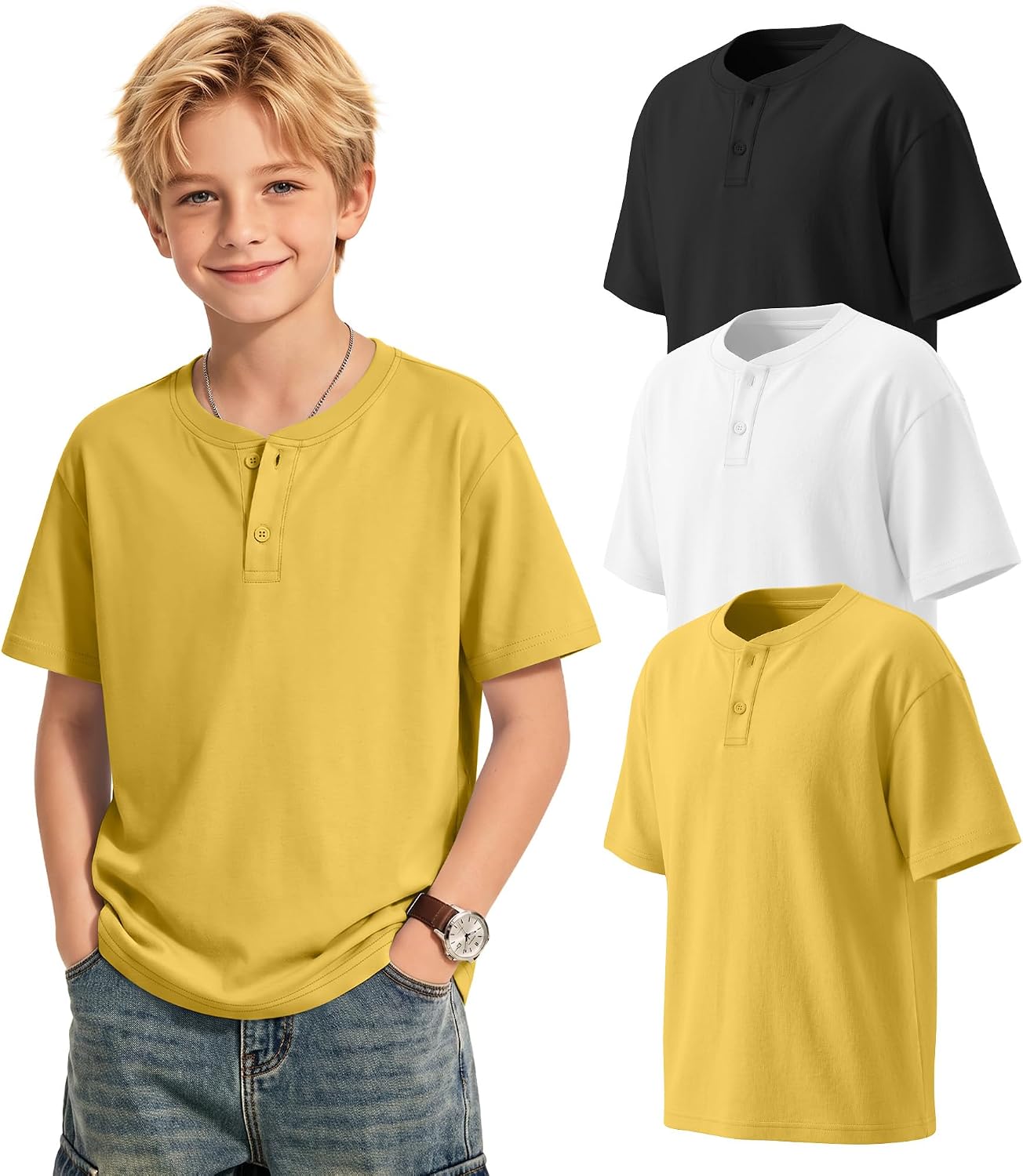 3 Pack Boys Short Sleeve Henley Shirts Teen Summer T-Shirts Kids Button Front Casual Tops Loose Fit Tees for 5-14 Y