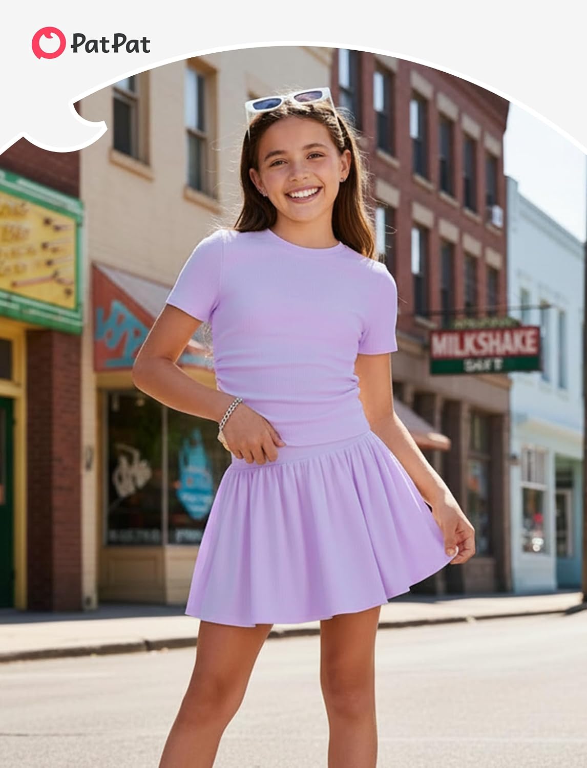 PATPAT Girls Ribbed Skirt Set Ruched Top+Skort 2 Piece Summer Outfit 6-14Y