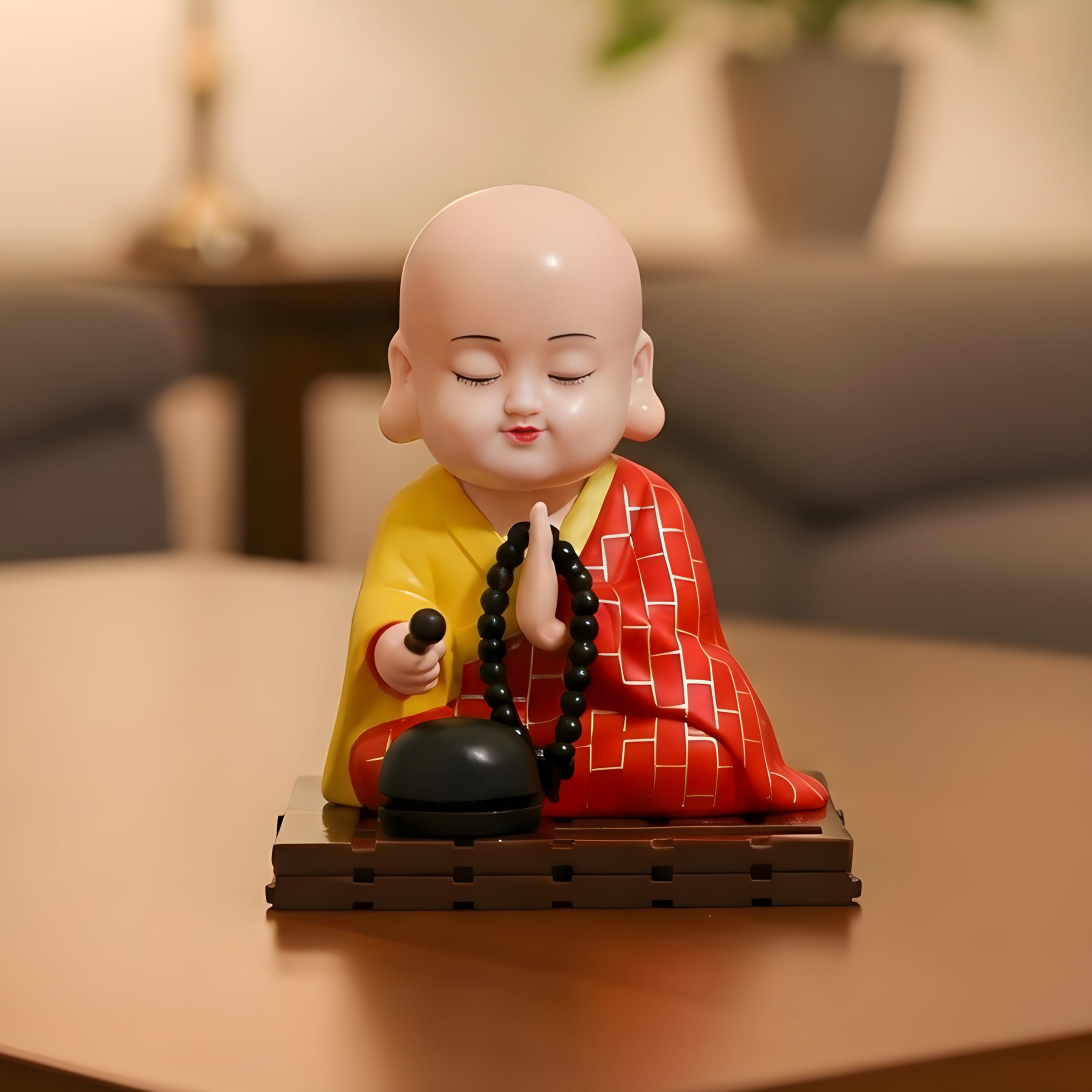 Solar Powered Moving Head and Hand Sitting Gautam Buddha Statue for Living Room | Car Dashboard | Home | Office Desk | Wealth & Prosperity - Red