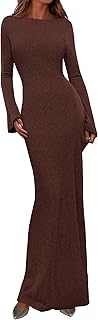 Women's Fall Fashion 2025 Long Sleeve Maxi Dress Ribbed Knit Boat Neck Bodycon Casual Dresses Going Out Outfits