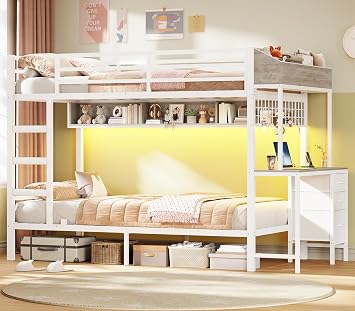 MSmask Bunk Bed Twin Over Twin with Desk, 3 Storage Drawers and Charging Station, Heavy Duty Metal Bunk Bed with LED Lights, Storage Shelf and Boxes, No Box Spring Needed, White