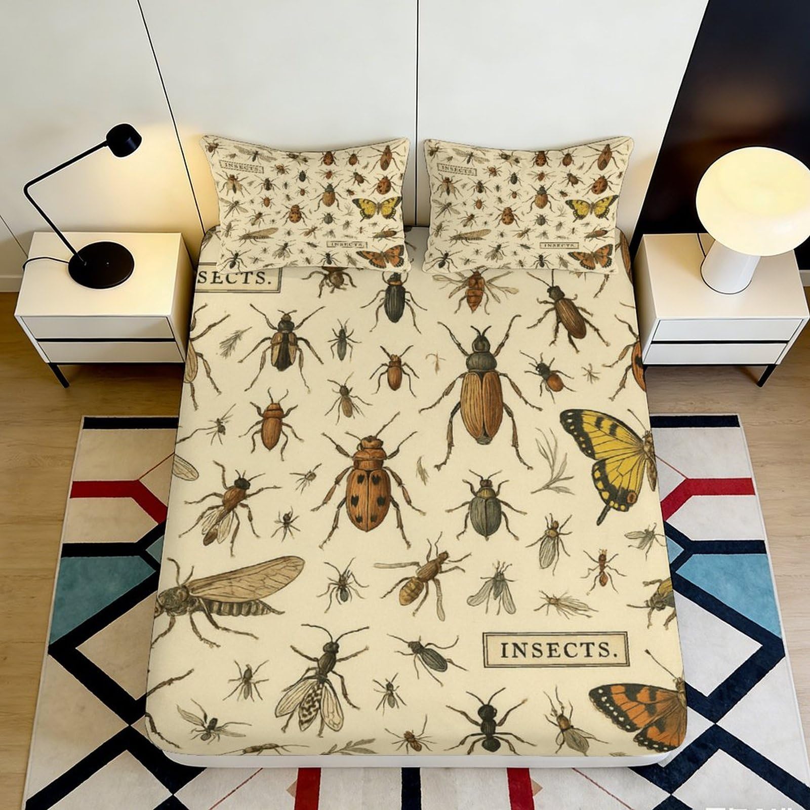 3D Printed Vintage Insect Fitted Sheet Microfiber Soft Breathable Butterfly Mattress Cover for Bedroom Dorm Decor 90x200x25cm