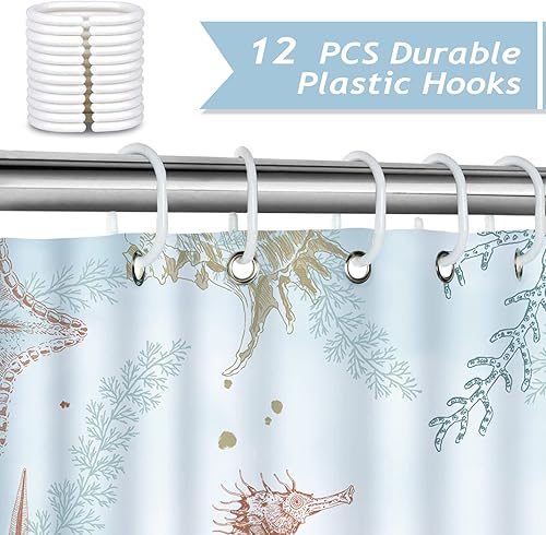 Miniatura 9 de Bonhause Cortina de ducha con diseño de tortuga marina para baño, cortina de baño decorativa costera, 72 x 84 pulgadas, tela de poliéster,