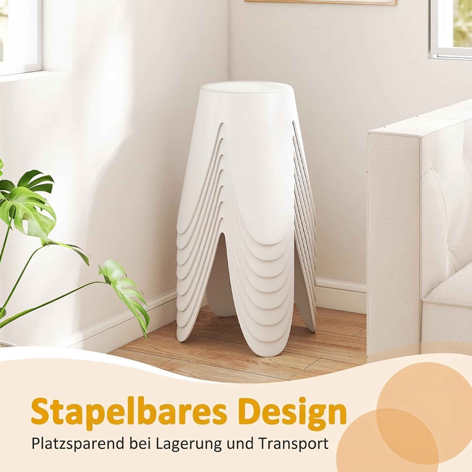 COSTWAY 8er-Set stapelbare Hocker, Sitzhocker rund mit Sitzkissen, Esszimmerhocker tragbar, Badezimmerhocker, Stapelstühle für Klassenzimmer, Wohnzimmer & Esszimmer, Ø45 x 46 cm (Weiß)