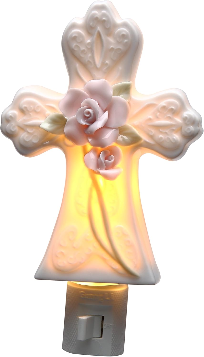 StealStreet SS-CG-96676, 4.5 Inch Ceramic Pink Rose Cross Plug-in Night Light, White