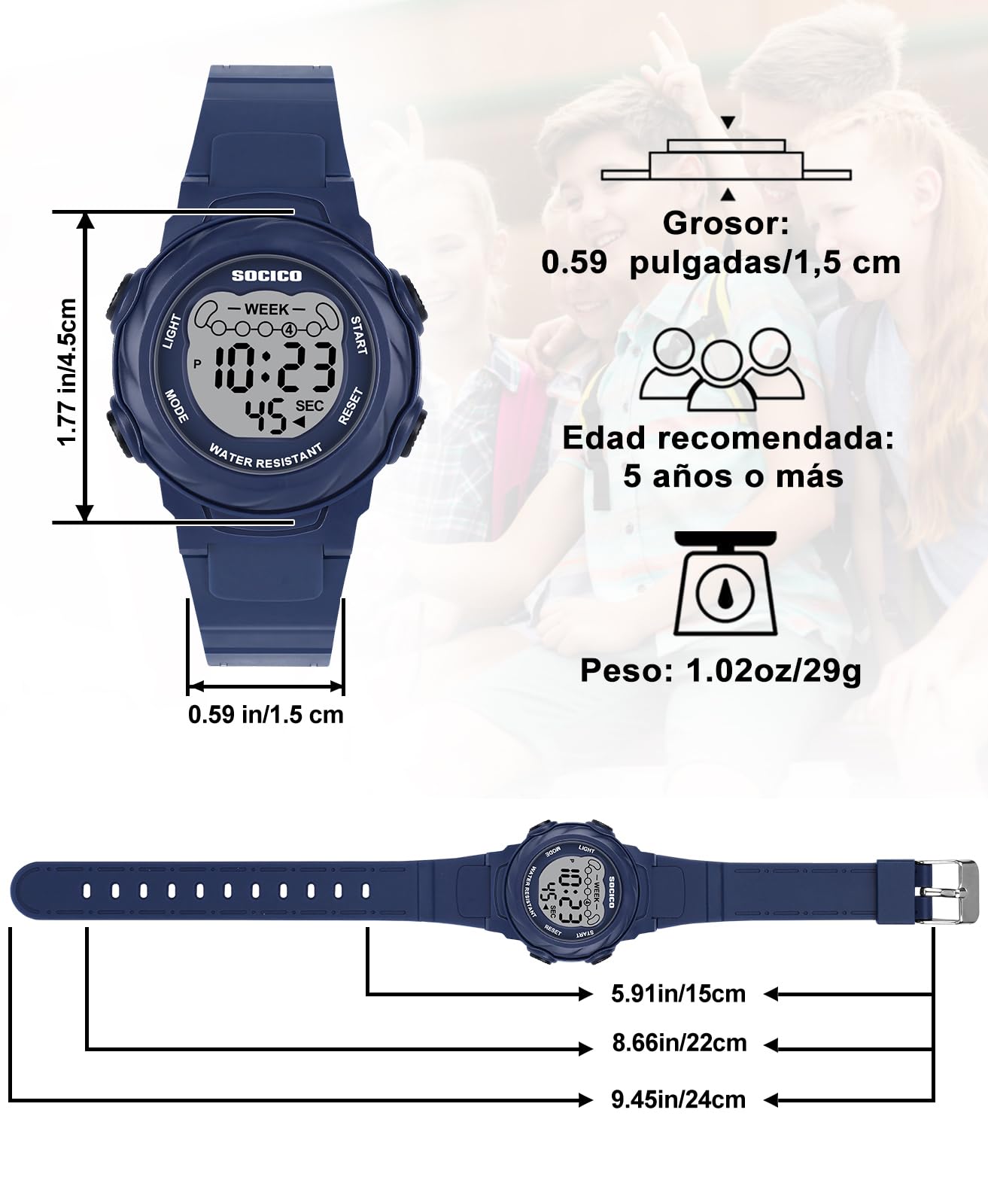SOCICO Reloj Digital para niños y niñas, Resistente al Agua 5ATM, Reloj Infantil Iluminado con 7 Colores y cronómetro con Alarma para niños y niñas de 5 a 12 años.