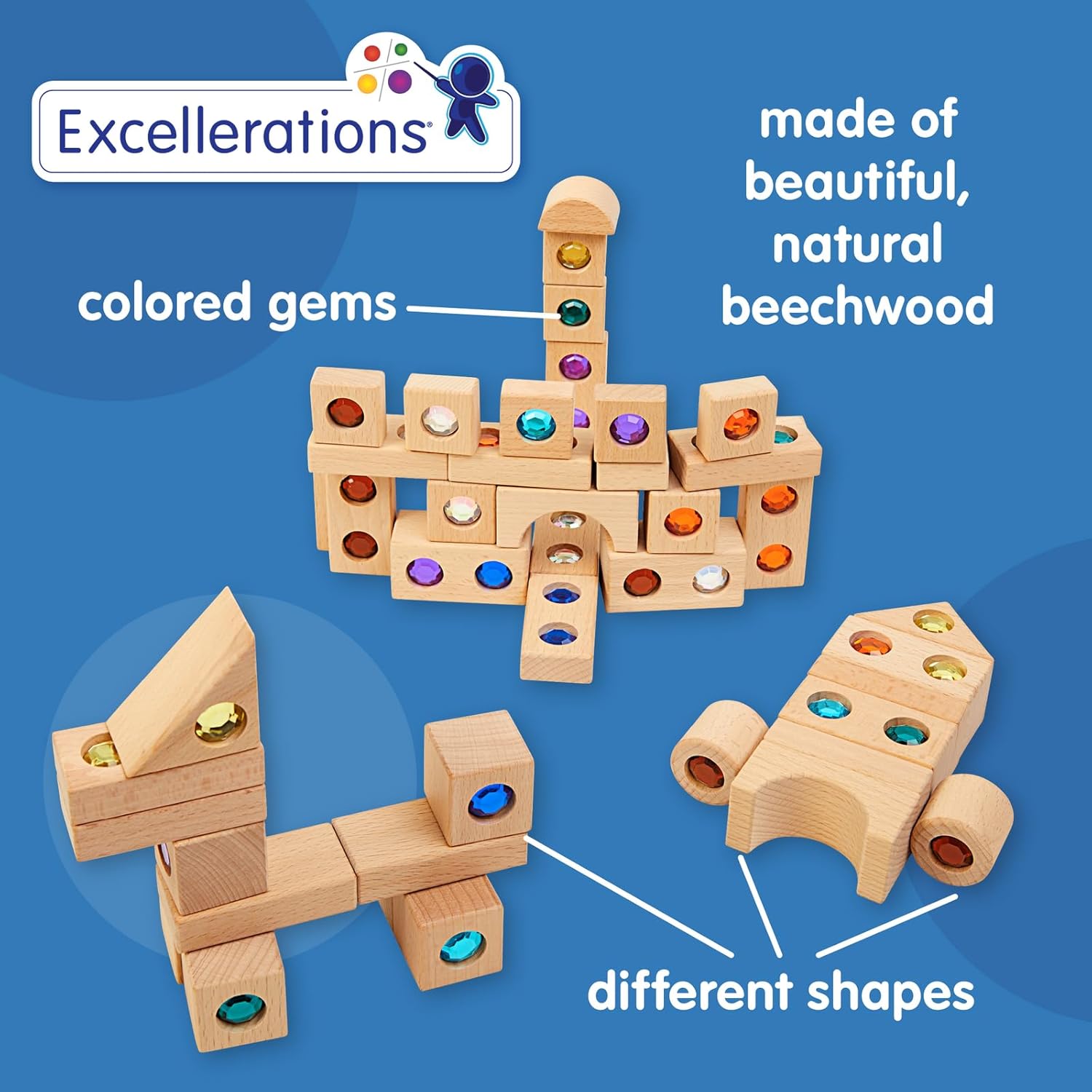 Excellerations Wooden Gem Blocks - Set of 50 with Tray