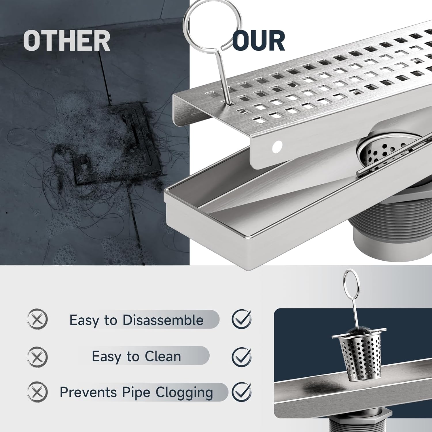28 Inch Linear Shower Drain with Brick Pattern Grate, SUS 304 Stainless Steel Bathroom Floor Drain, Rectangular Hair Catcher Shower Drain with Leveling Feet, Hair Strainer, Brushed Nickel