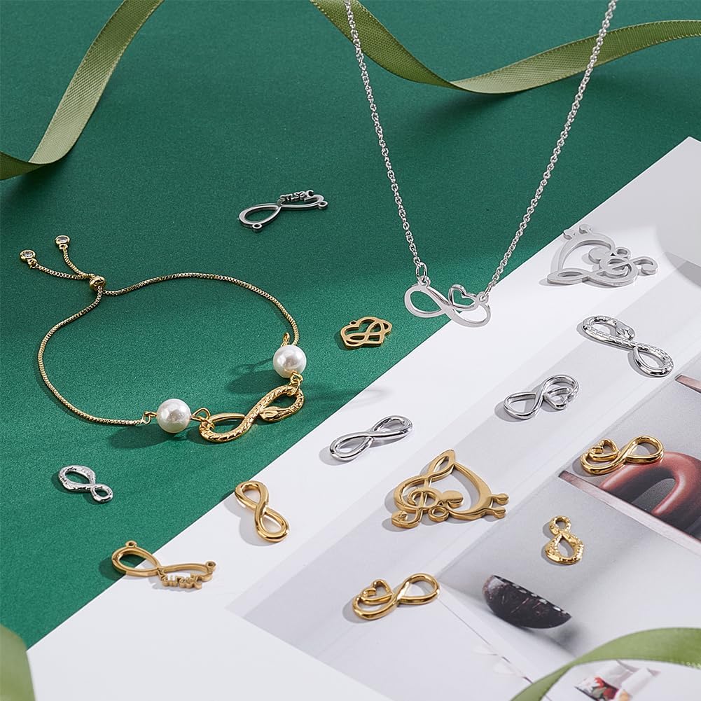 PH PandaHall 32pcs 8 Styles 304 Stainless Steel Infinity Connector Charms Heart Symbol Charm, Silver Gold Infinity Love Links Jewelry Connector for Bracelets Necklaces Jewelry Making - Image 2