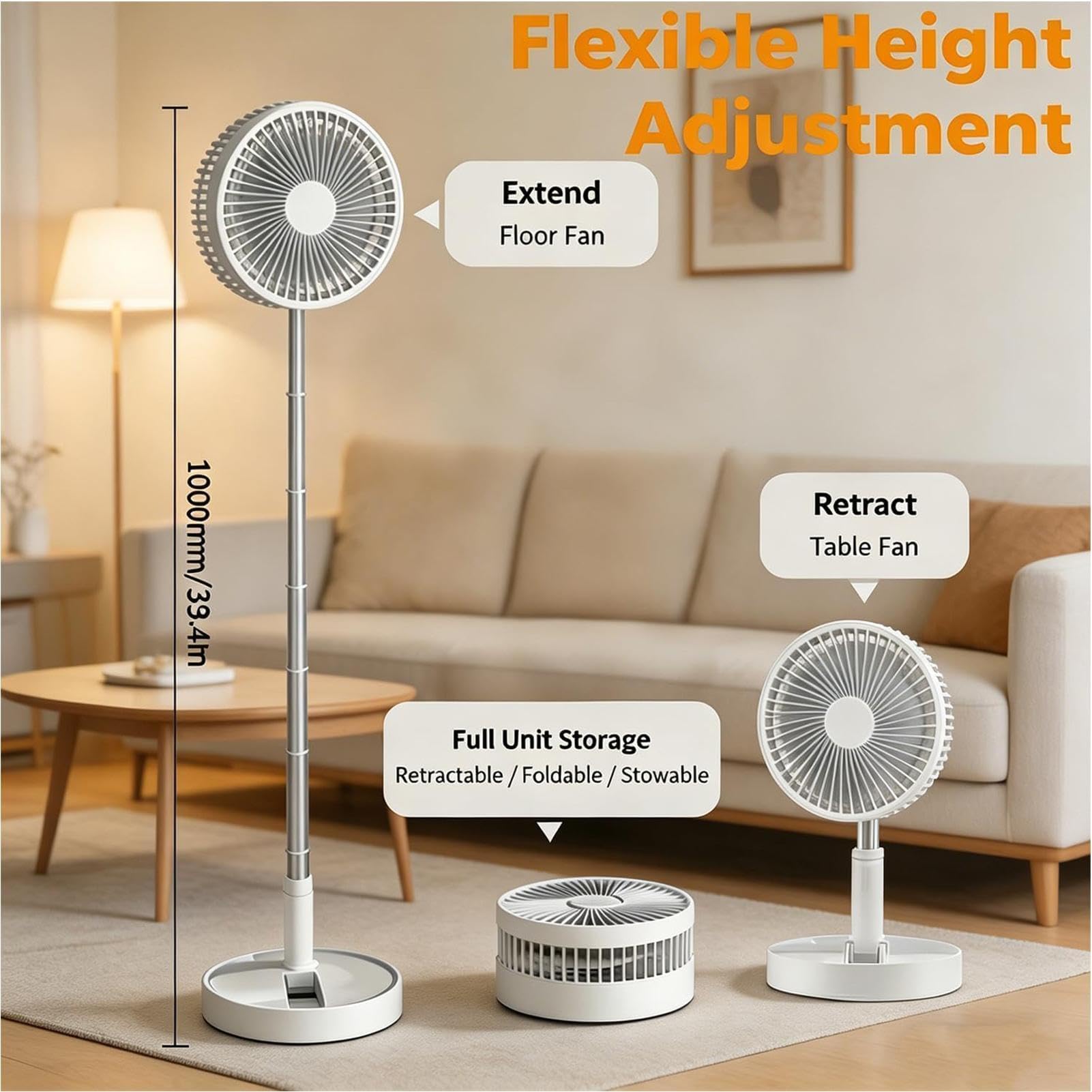 Ventilatore oscillante portatile da 7200 mAh, pieghevole, 4 velocità, per casa, ufficio, campeggio, dormitorio, ventilatore da tavolo regolabile per interni ed esterni