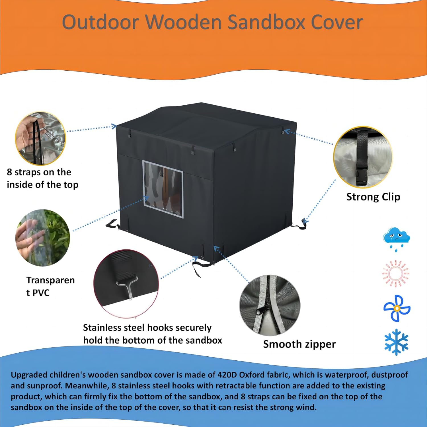 Sandbox Cover, 48” W x 48” D x 48” H, 420D Heavy Duty Waterproof and UV Resistant Wooden Sandbox Cover for Kids Wooden Sandbox with Canopy and Collapsible Bench. Black, (Sandbox not Included)