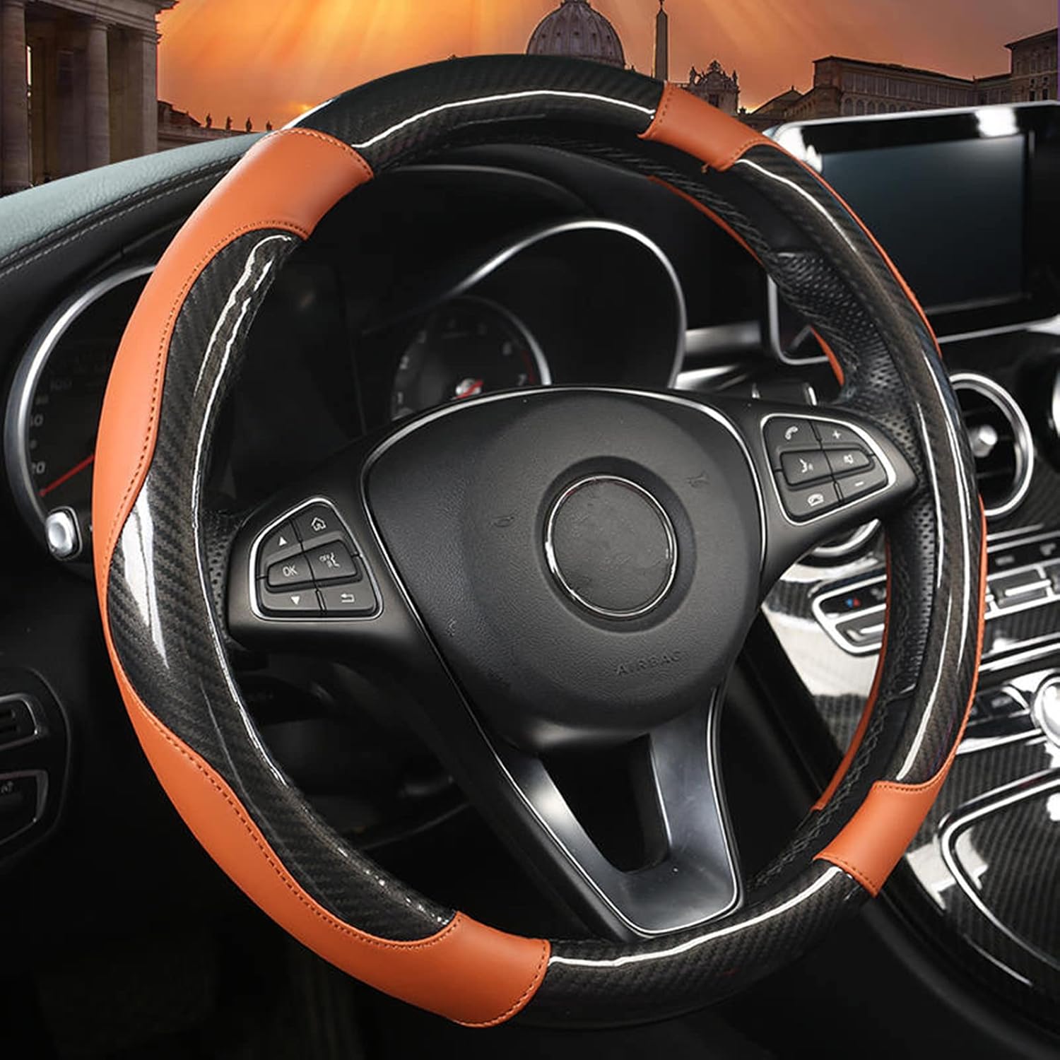 Moyishi Top Glossy Carbon Fiber Leather Steering Wheel Cover Universal Fit Soft Breathable Steering Wheel Wrap (Purple)