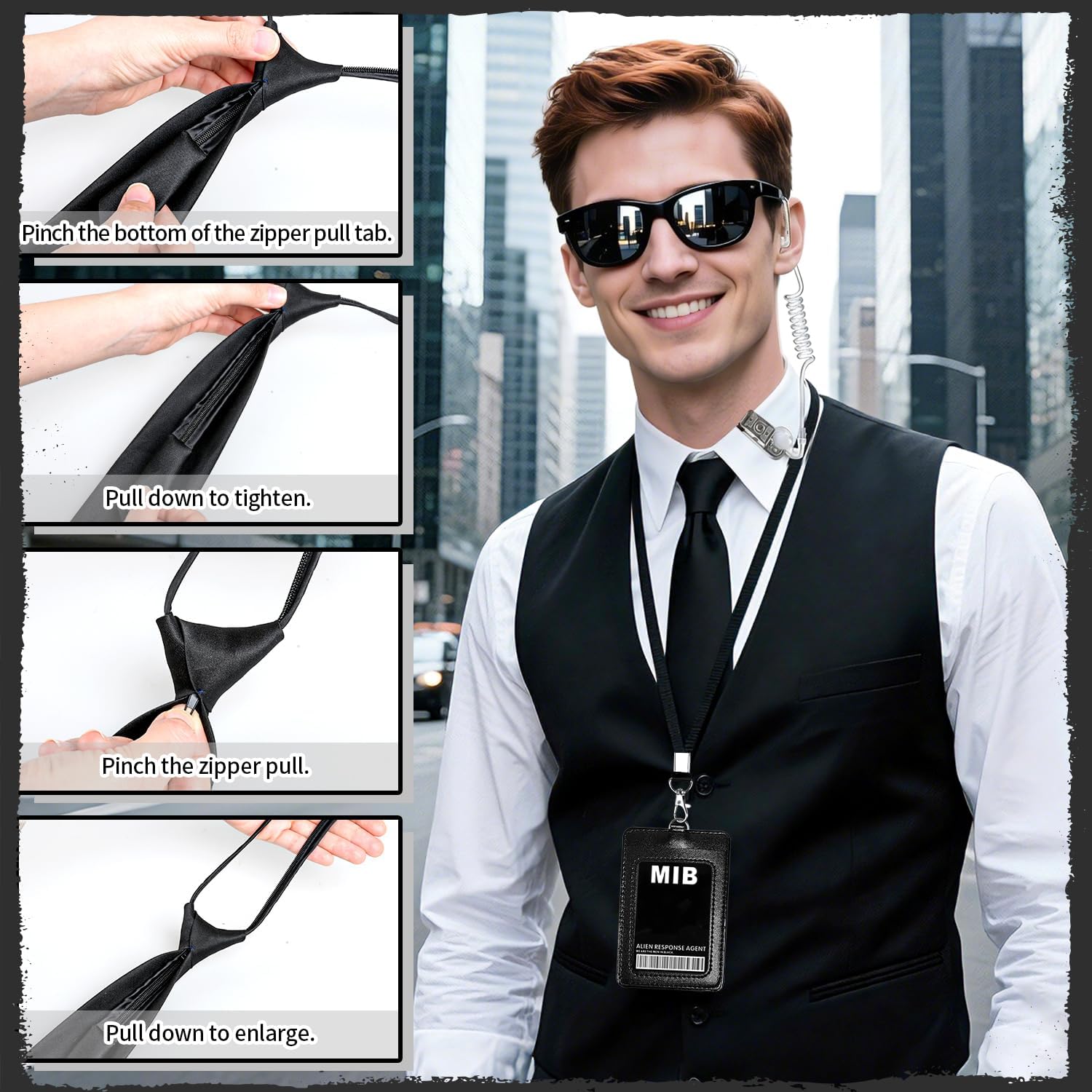 6 Pcs Secret Agent Costume Accessories Set, Black Necktie, Sunglasses, Lanyard with ID Badge, Earpiece Prop, Flashlight, Agent Dress‑up Kit for Adult Men Halloween Cosplay Party