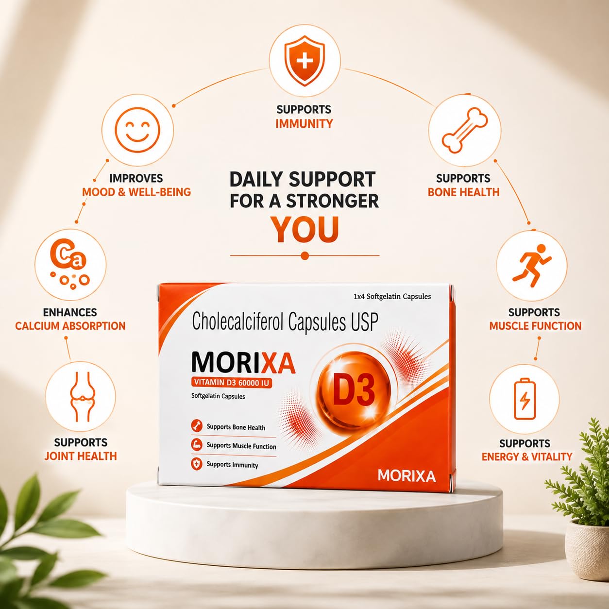 MORIXA D3 60000 IU Vitamin D3 Softgel Capsules | 3 Strips x 4 Capsules | 12 Capsules | Vitamin D3 Supplement for Bone & Muscle Support 3
